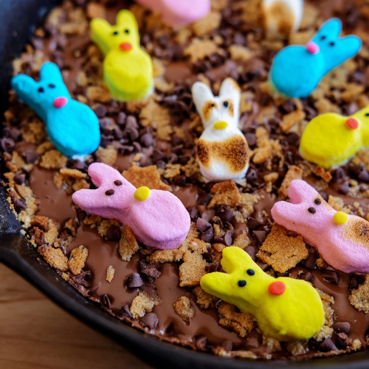 Colorful Peeps skillet smores featuring puffed toasted marshmallows and gooey semi-sweet chocolate served warm for dipping