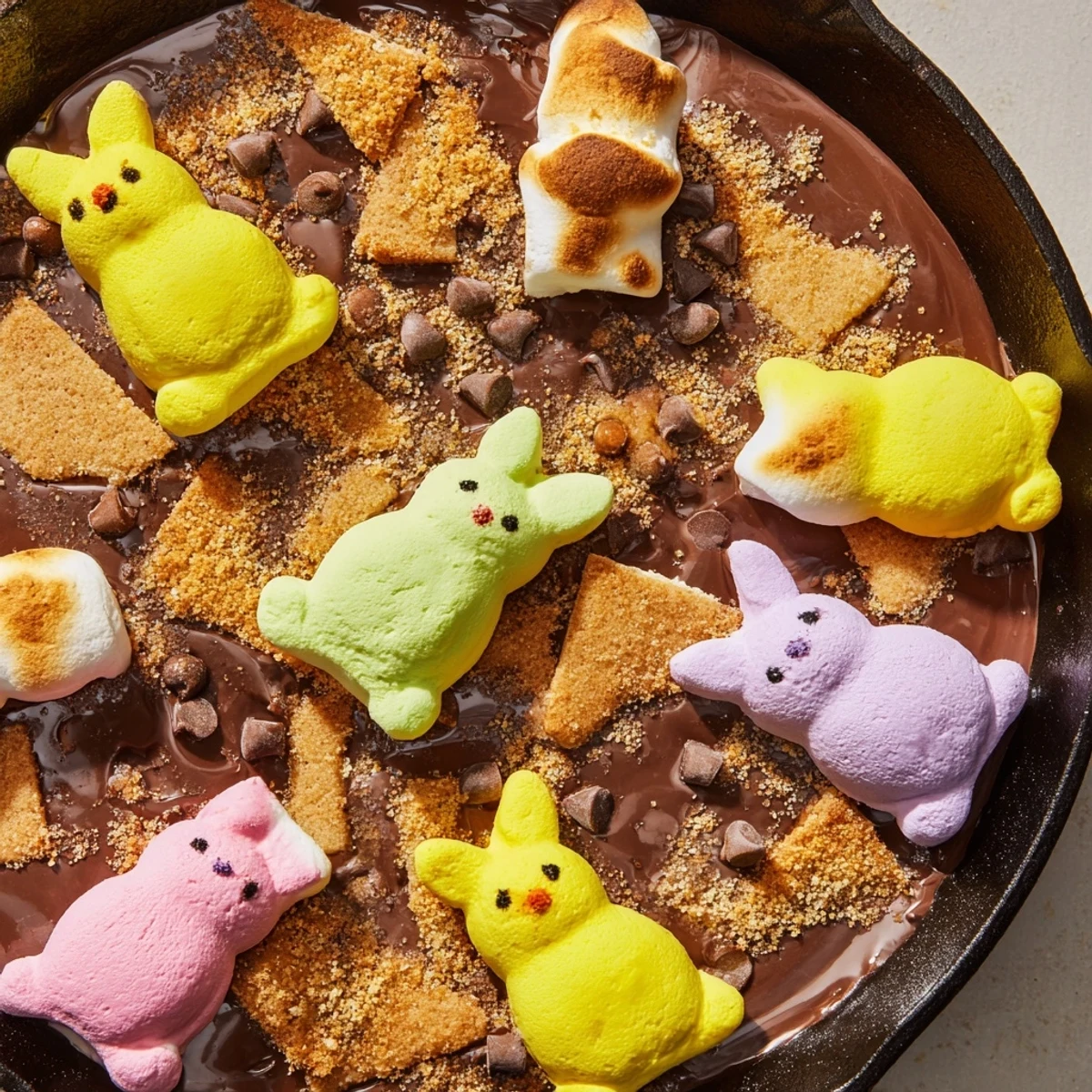Bubbling skillet dessert with colorful Peeps atop melted chocolate chips, surrounded by crunchy graham crackers for scooping