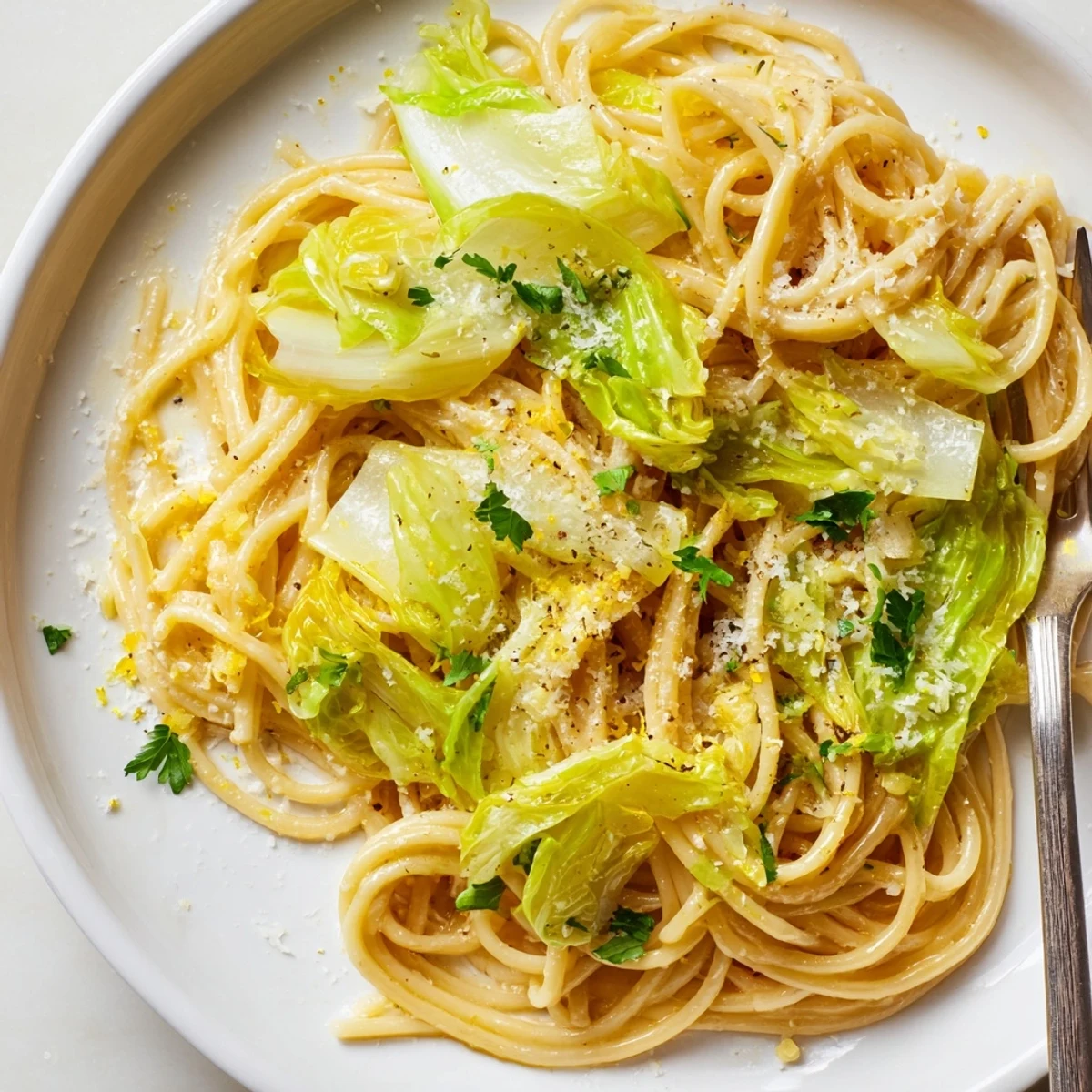 Golden lemon garlic cabbage pasta tossed in a creamy Parmesan butter sauce with fresh parsley