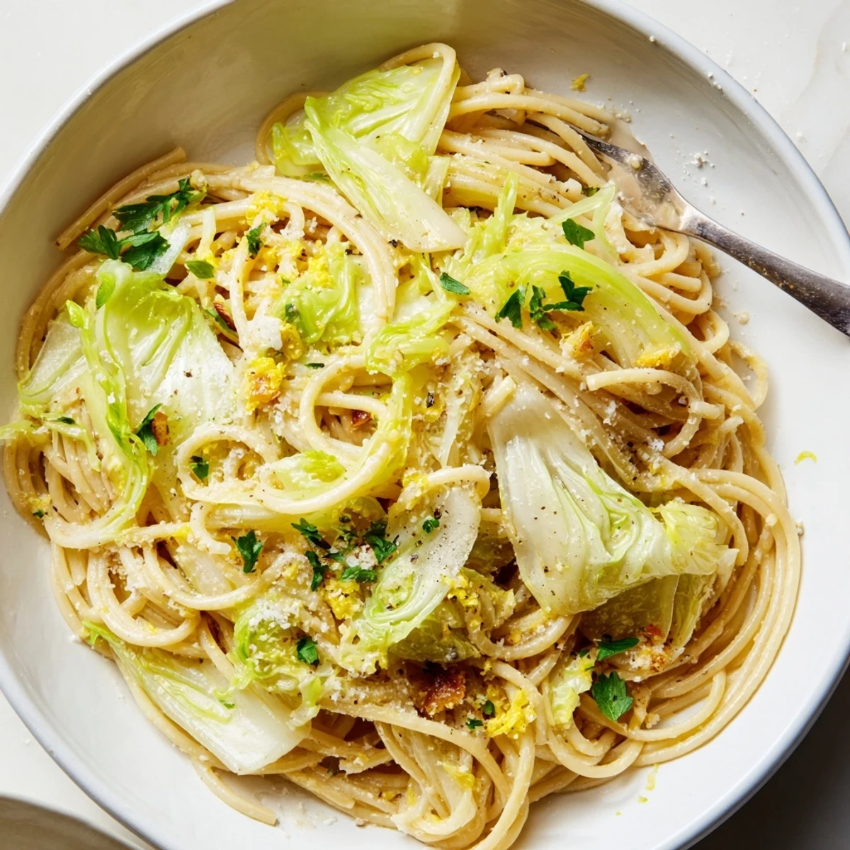 Steaming bowl of lemon garlic cabbage pasta featuring caramelized cabbage noodles and red pepper flakes