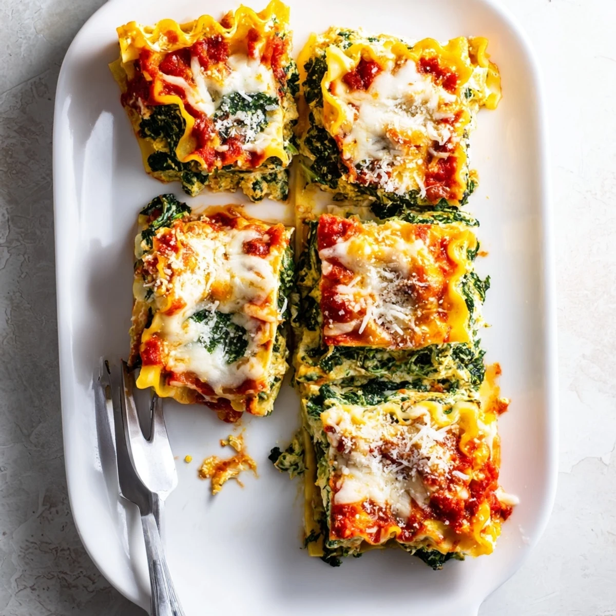 Golden baked spinach ricotta lasagna with bubbling mozzarella and rich marinara sauce
