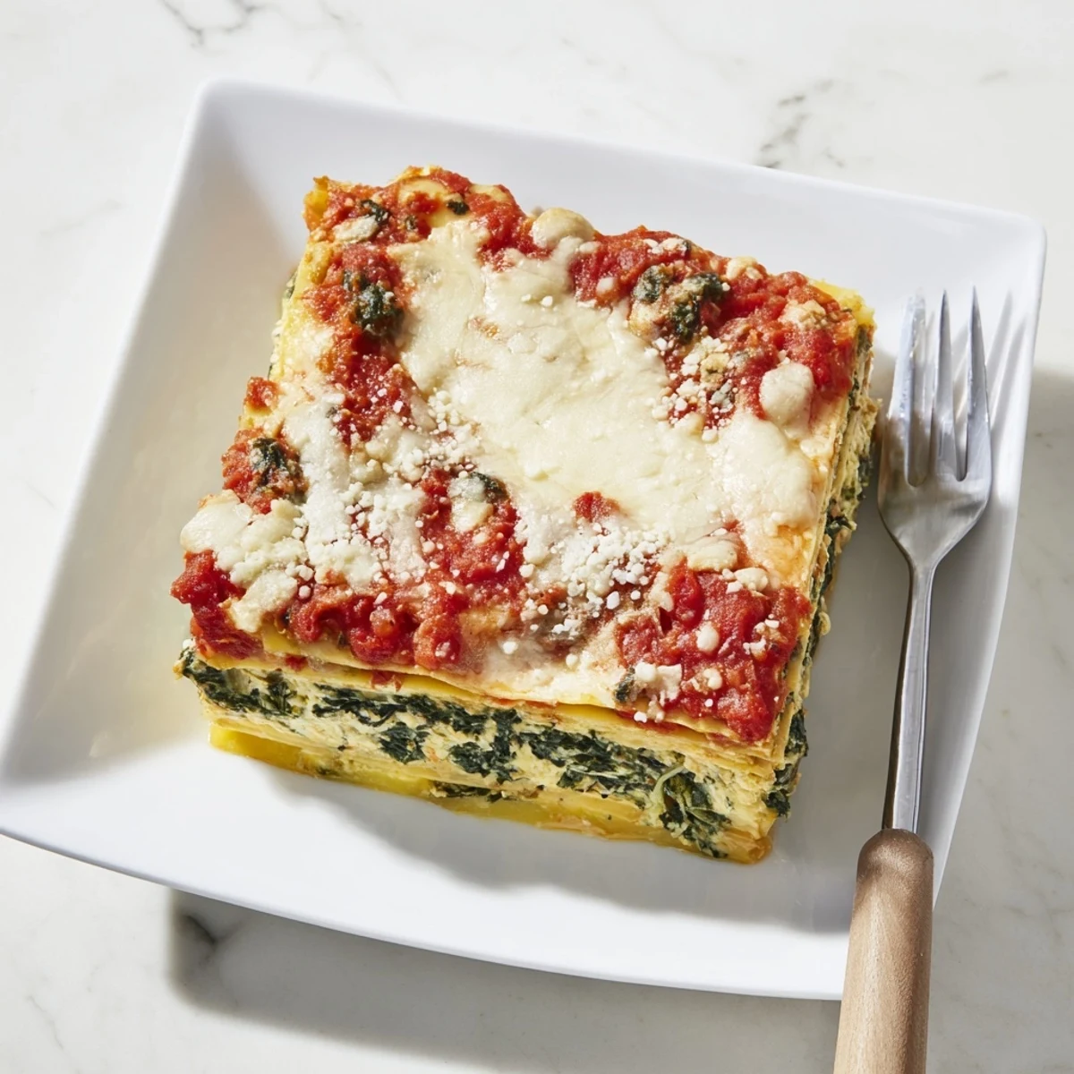 Classic spinach ricotta lasagna casserole with tender noodles and gooey cheese topping