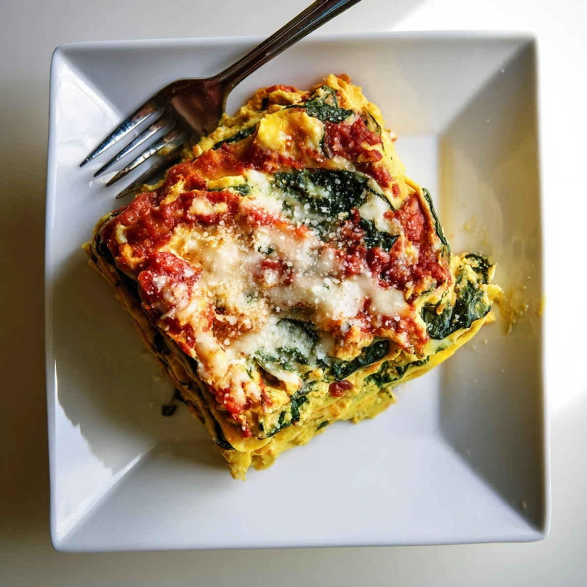 Layered vegetarian spinach ricotta lasagna squares topped with melted cheese and fresh basil