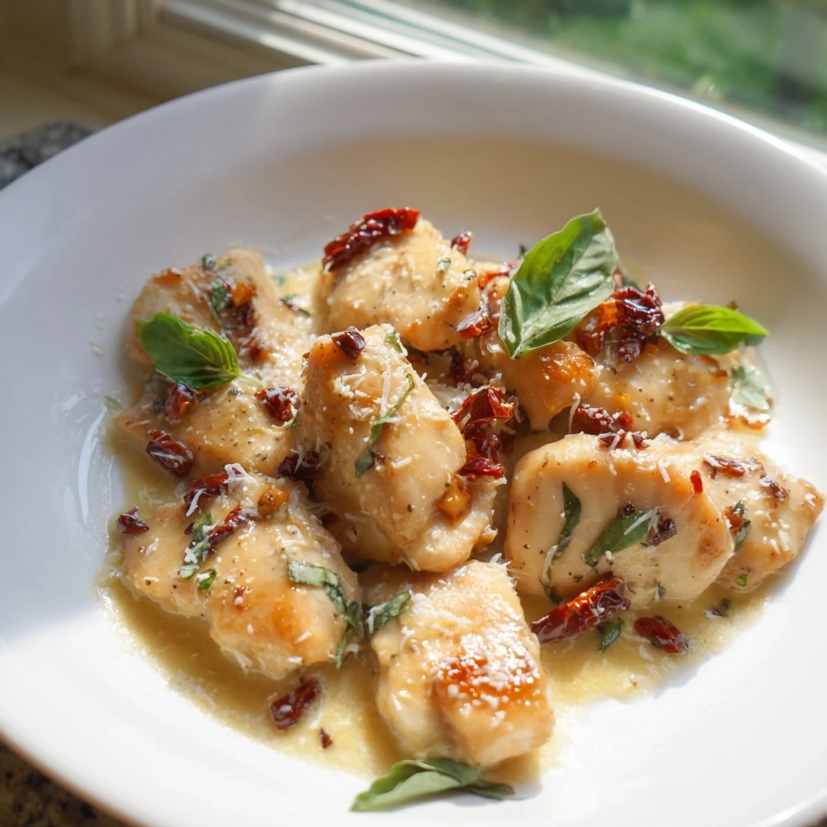 Golden pan-seared chicken breasts draped in rich creamy sun dried tomato garlic sauce with fresh basil garnish