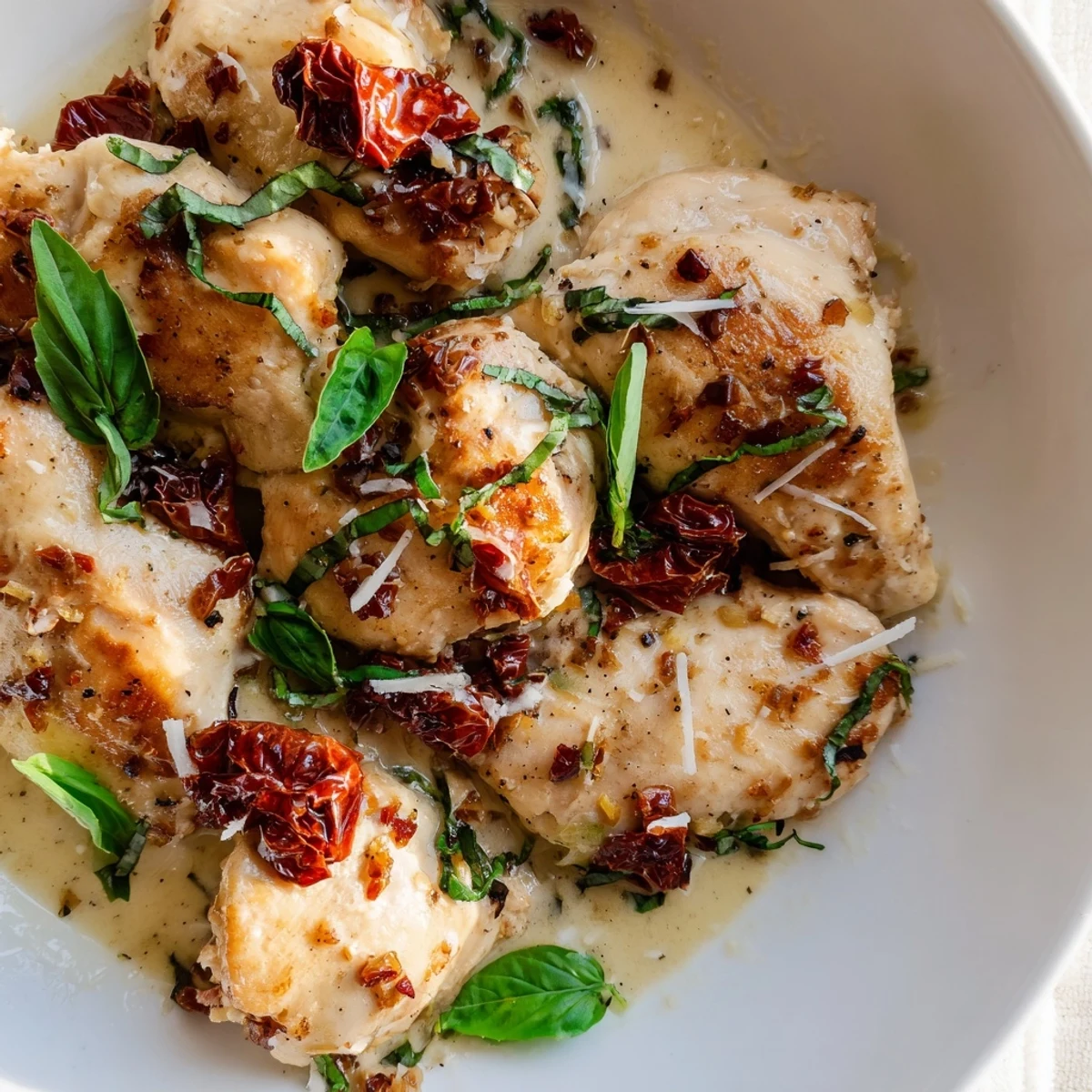 Tender chicken simmered in luscious white cream sauce with chopped sun dried tomatoes and melted Parmesan cheese