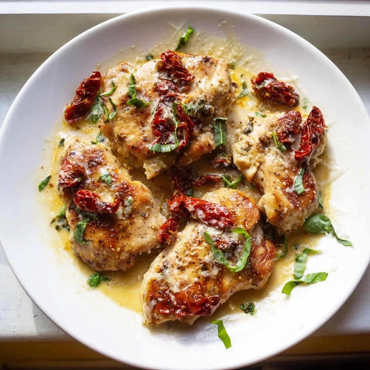 Italian-inspired creamy sun dried tomato garlic chicken plated with herb garnish over steaming pasta or rice