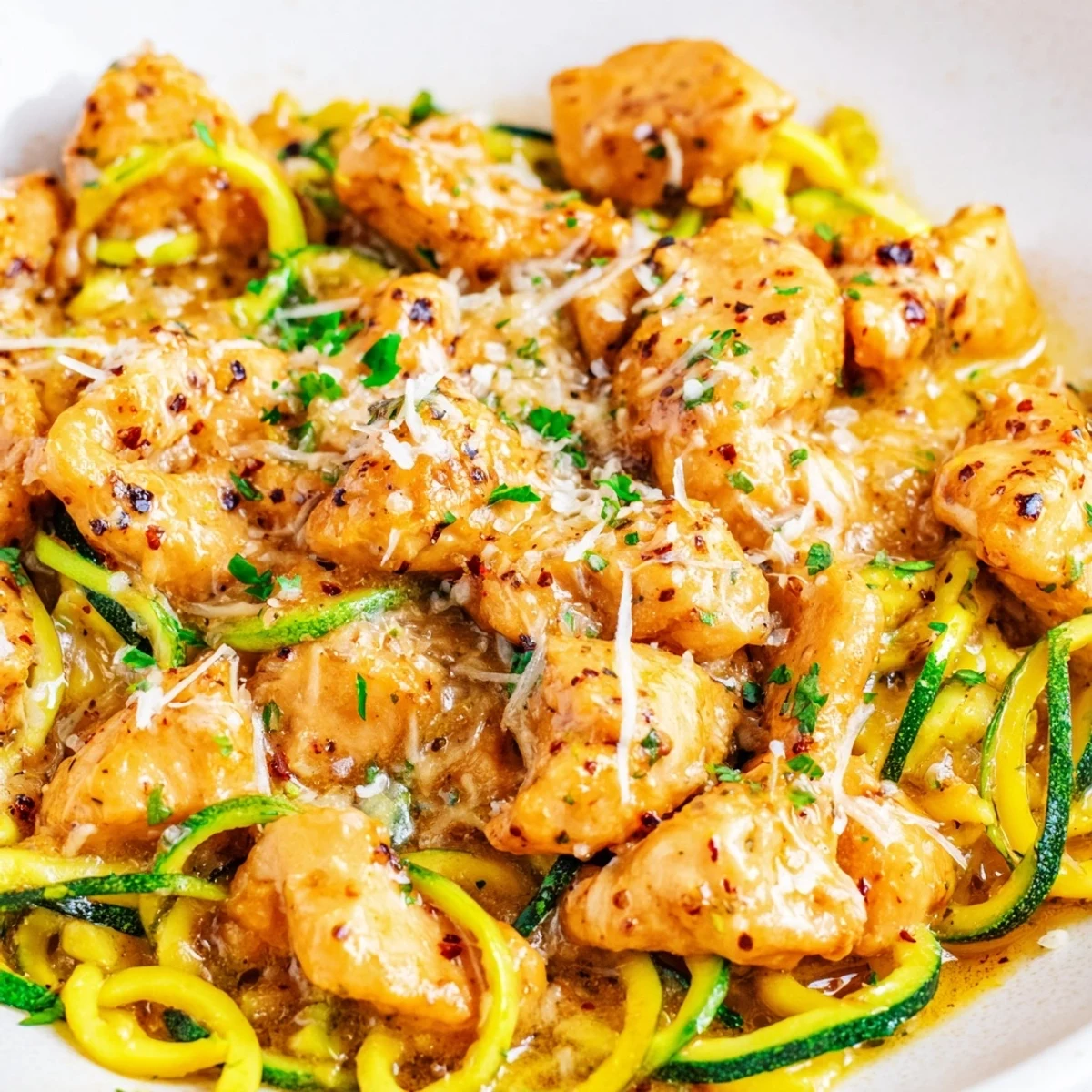 Golden chicken pieces spiralized with fresh zucchini noodles coated in rich garlic butter sauce