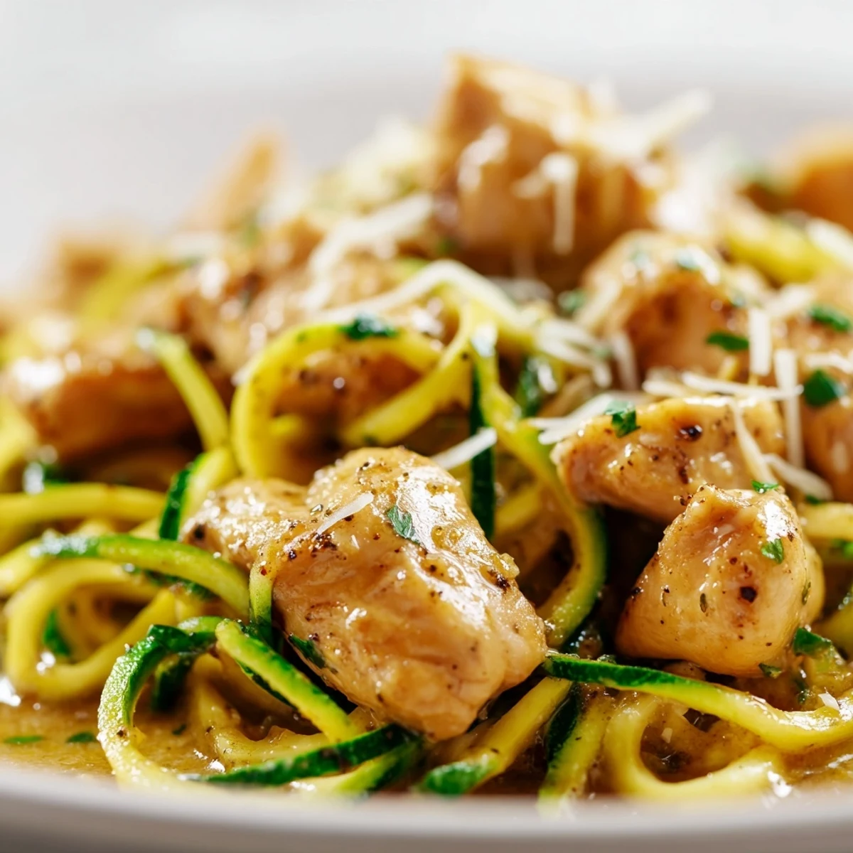 Tender sautéed chicken breast tossed with zucchini spirals in savory melted garlic butter sauce