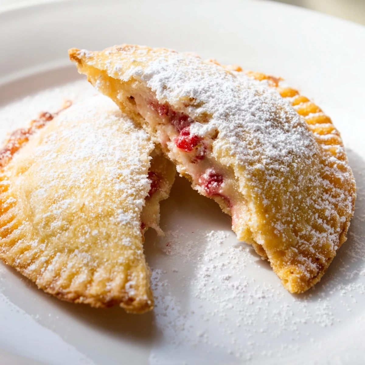 Golden deep fried strawberry cheesecake pies dusted with powdered sugar on a white plate