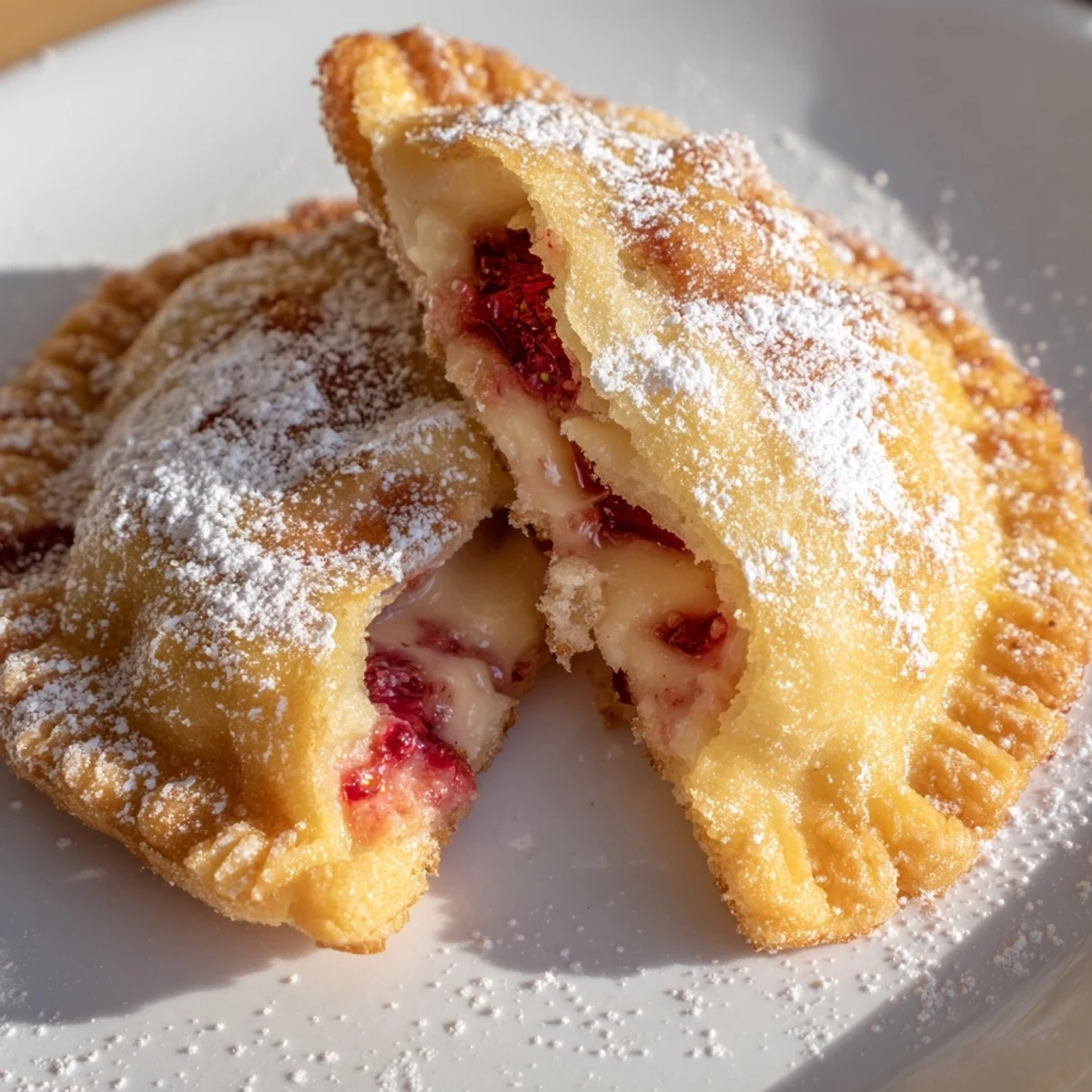 Crispy handheld fried pies featuring sweet strawberry cheesecake filling oozing from golden crust