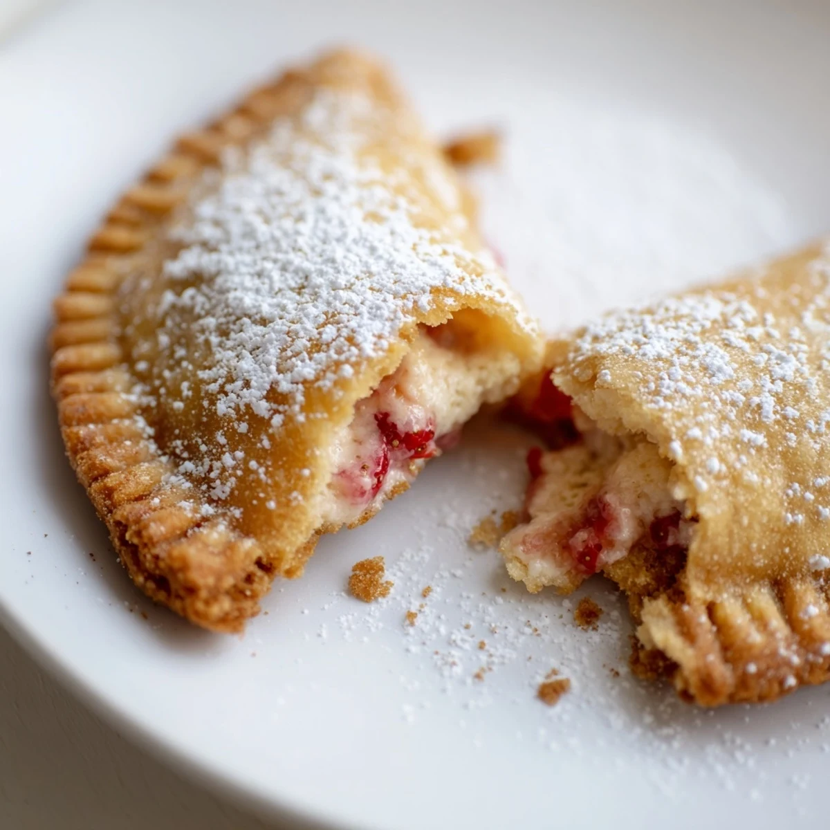 Warm strawberry cheesecake pies fresh from the fryer with generous powdered sugar coating