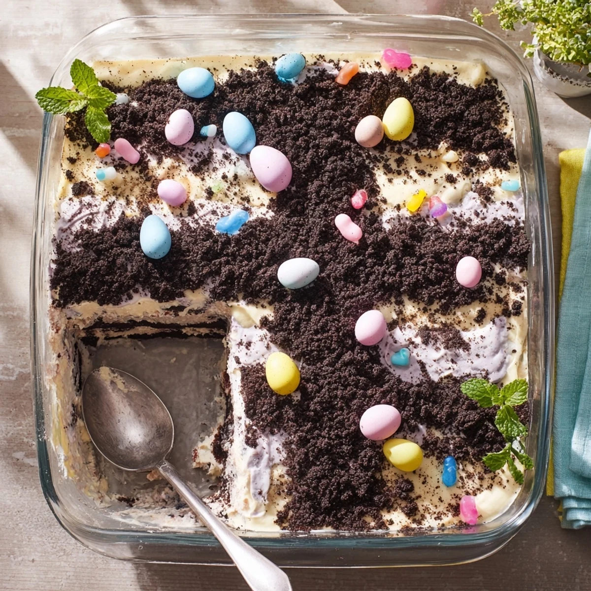 Rich Easter dirt cake casserole with creamy pudding layers topped with colorful pastel candy eggs