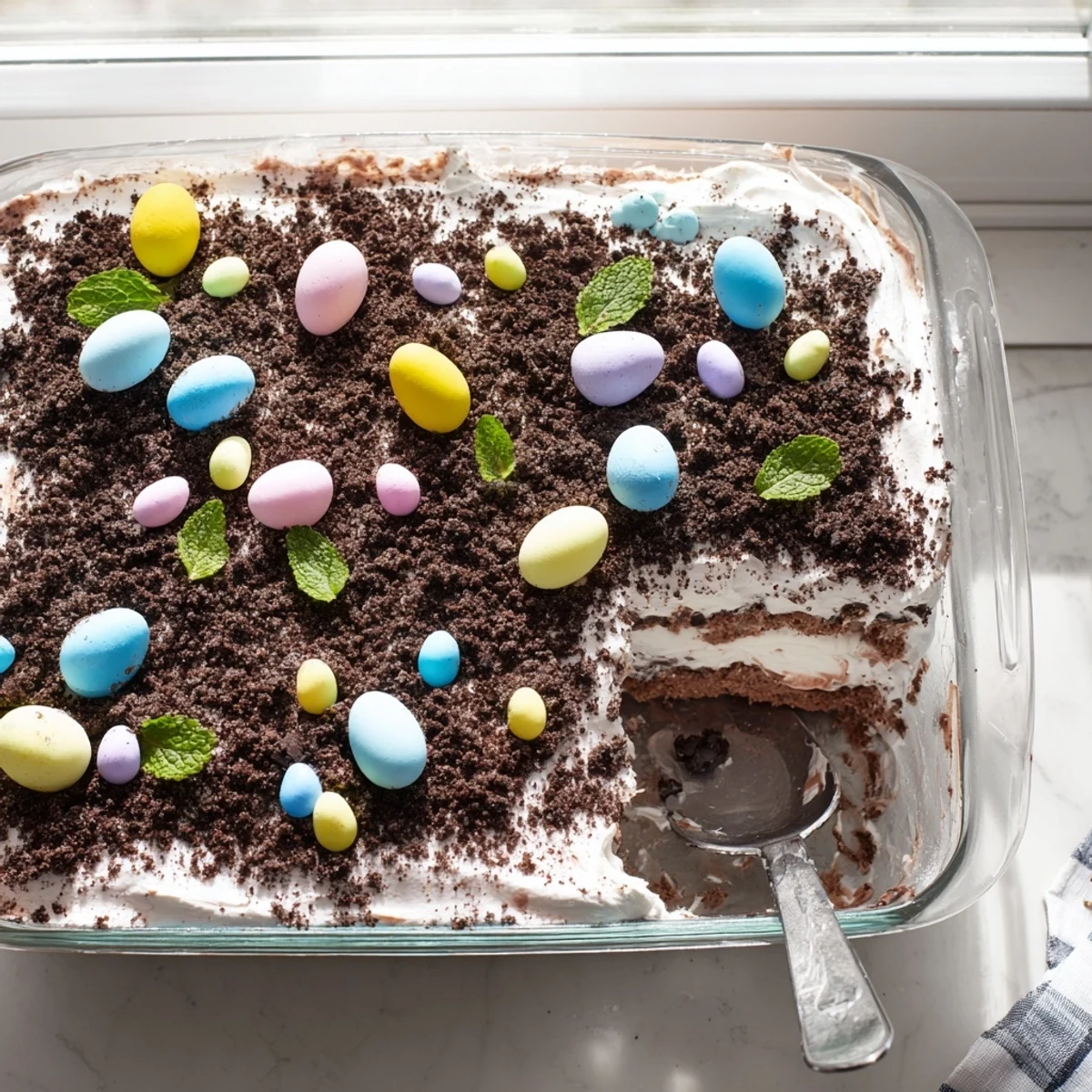 Spring dessert casserole featuring crushed chocolate cookies and whipped cream topped with Easter sweets