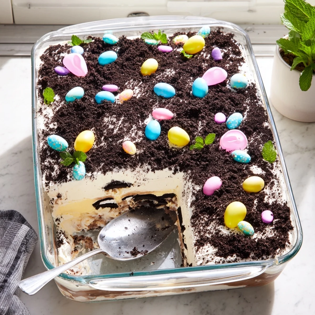 Creamy no-bake Easter dirt cake with cookie crumble dirt and pastel chocolate egg garnish