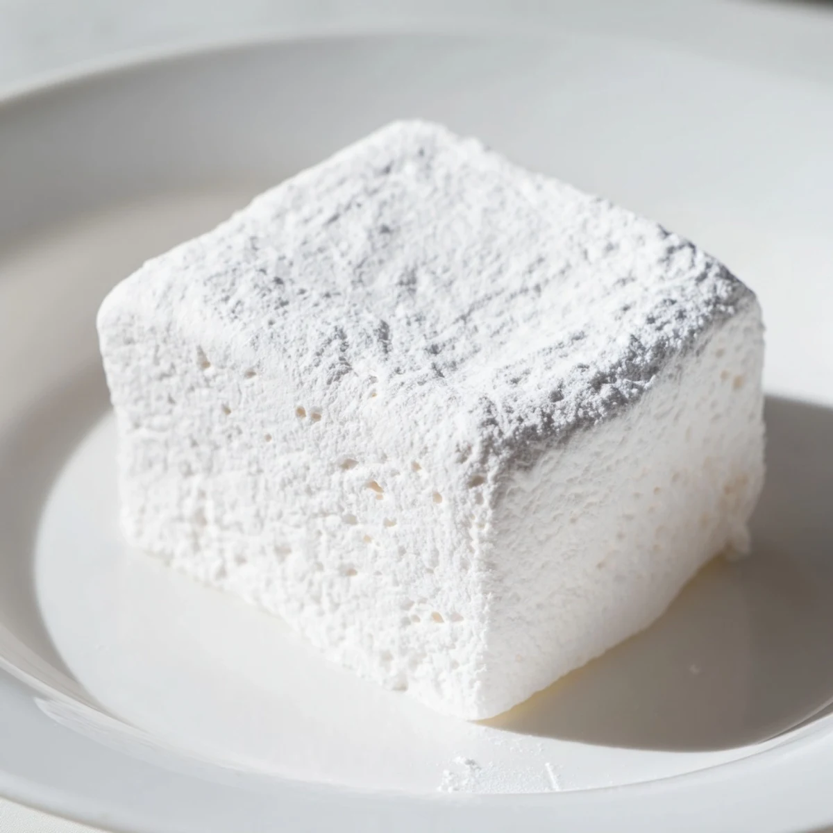 Soft white homemade marshmallow recipe squares dusted with powdered sugar on a wooden cutting board