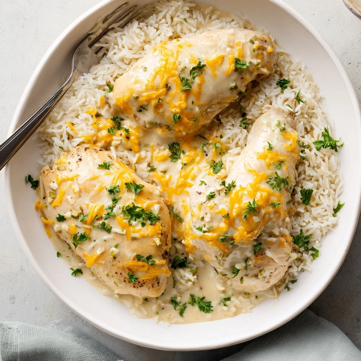Golden chicken breasts resting on fluffy rice in rich melted cheddar cream sauce