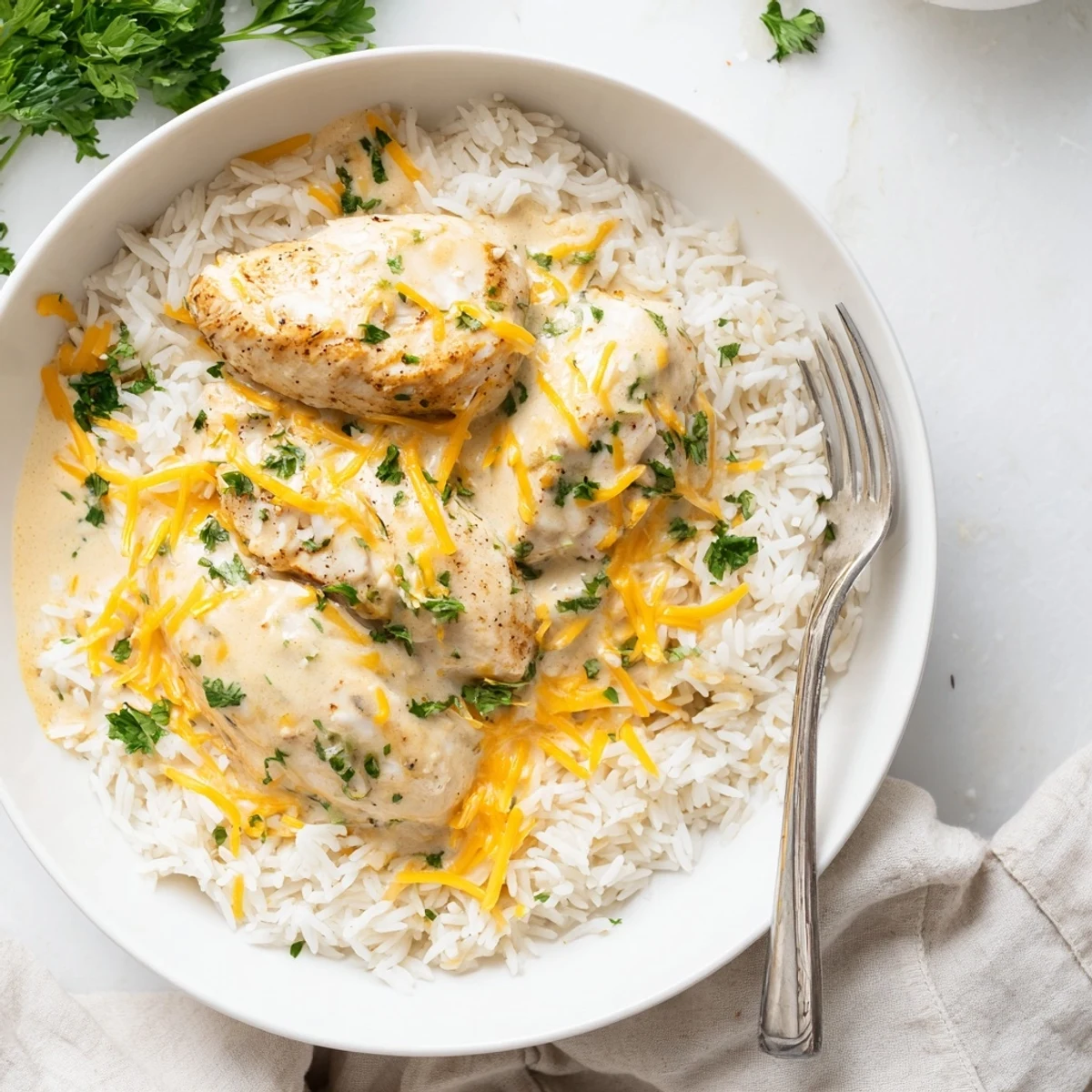 Sizzling skillet of tender smothered chicken and rice garnished with fresh green parsley