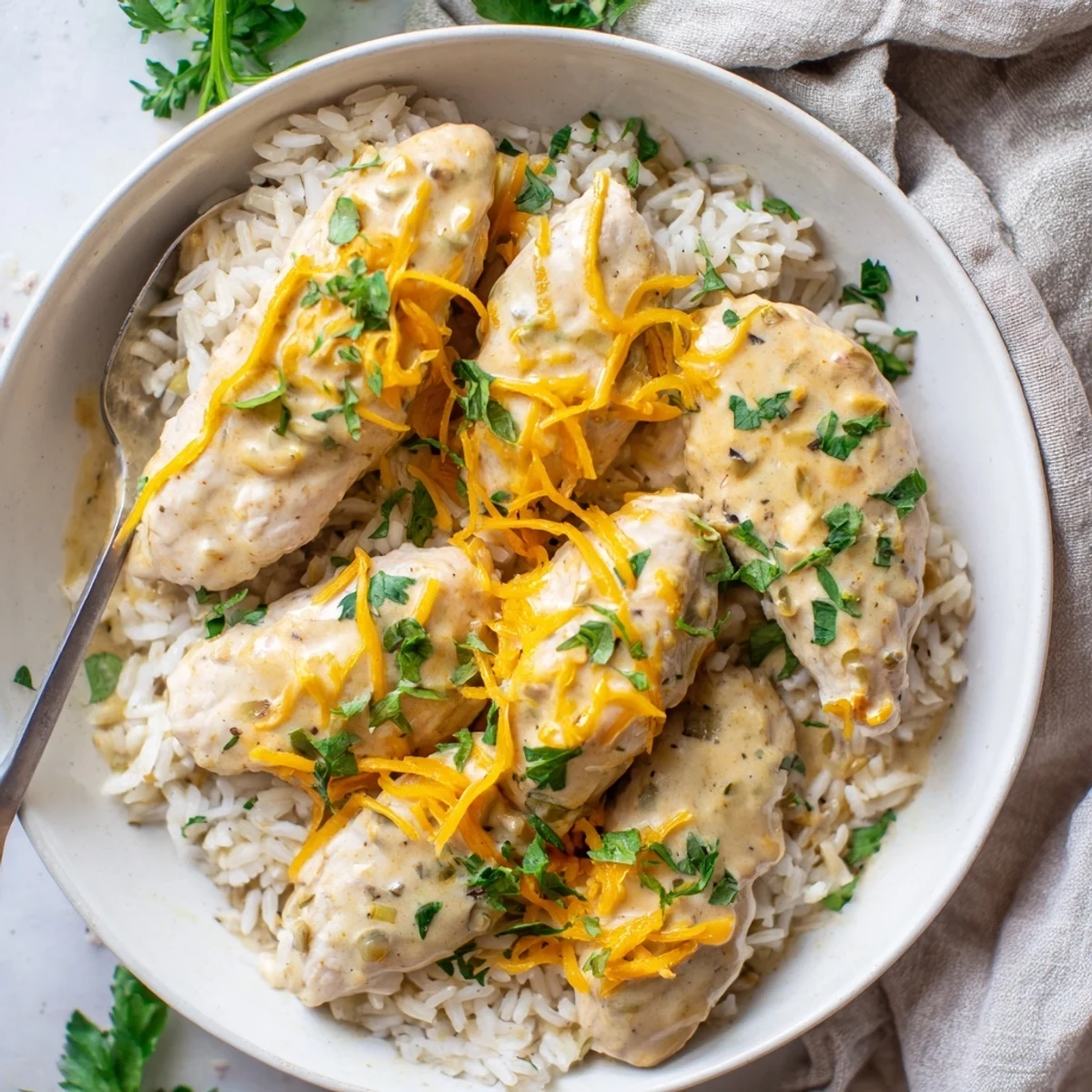 Comforting one-pan creamy smothered chicken and rice bubbling with melted cheesy goodness