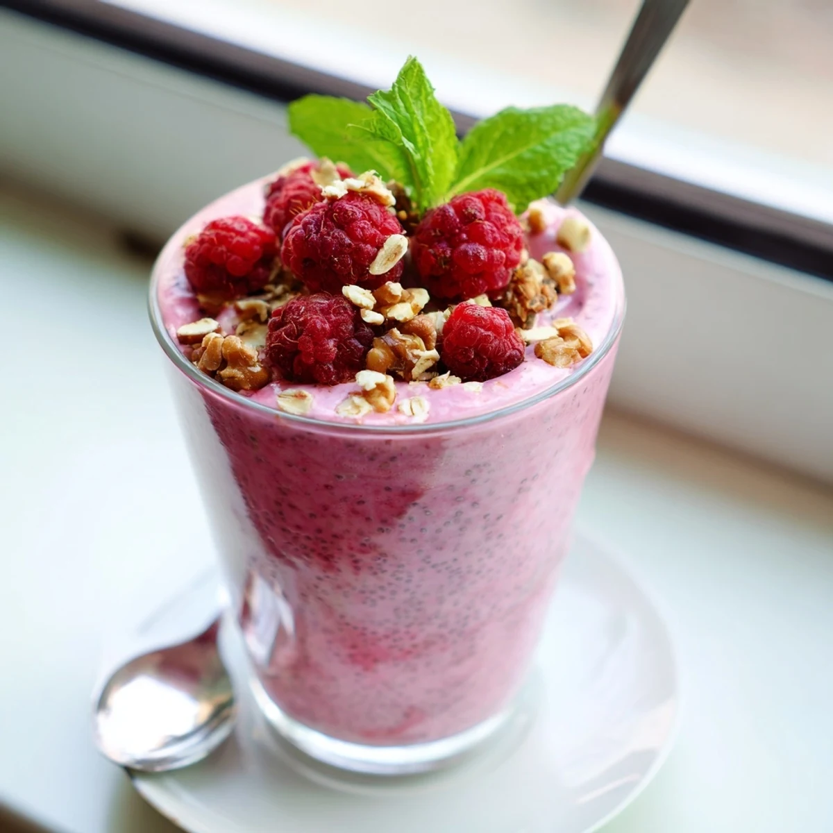 Creamy raspberry chia pudding topped with fresh berries and mint in glass jars