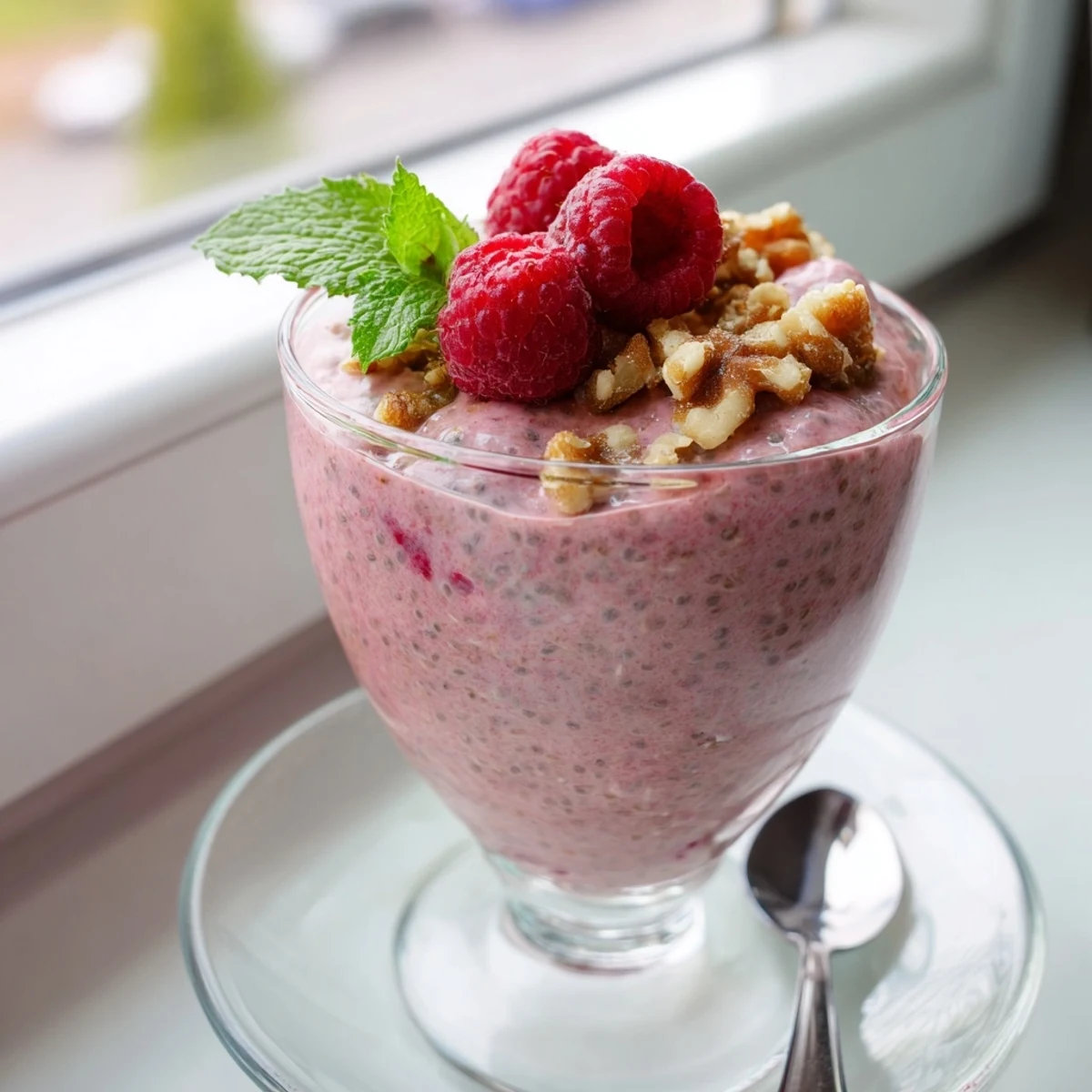 Vibrant pink raspberry chia pudding layered with granola and fresh raspberries for breakfast
