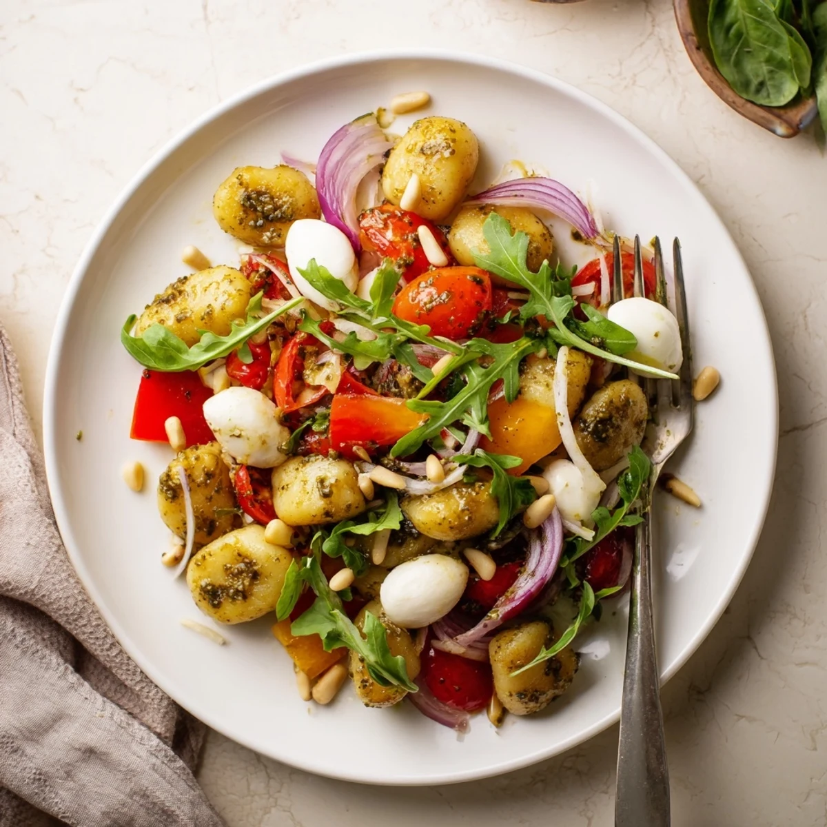 Golden roasted gnocchi salad with cherry tomatoes, mozzarella, and fresh basil pesto drizzle