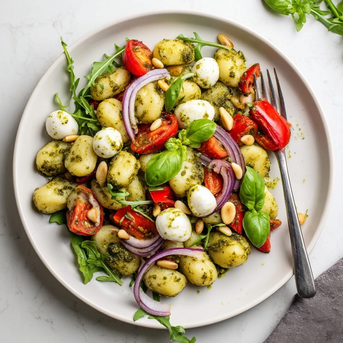 Warm Italian potato gnocchi tossed with colorful vegetables and creamy pesto mozzarella dressing