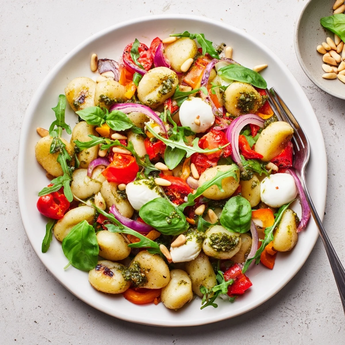 Crispy oven roasted gnocchi salad featuring fresh arugula, tomatoes, and zesty basil pesto