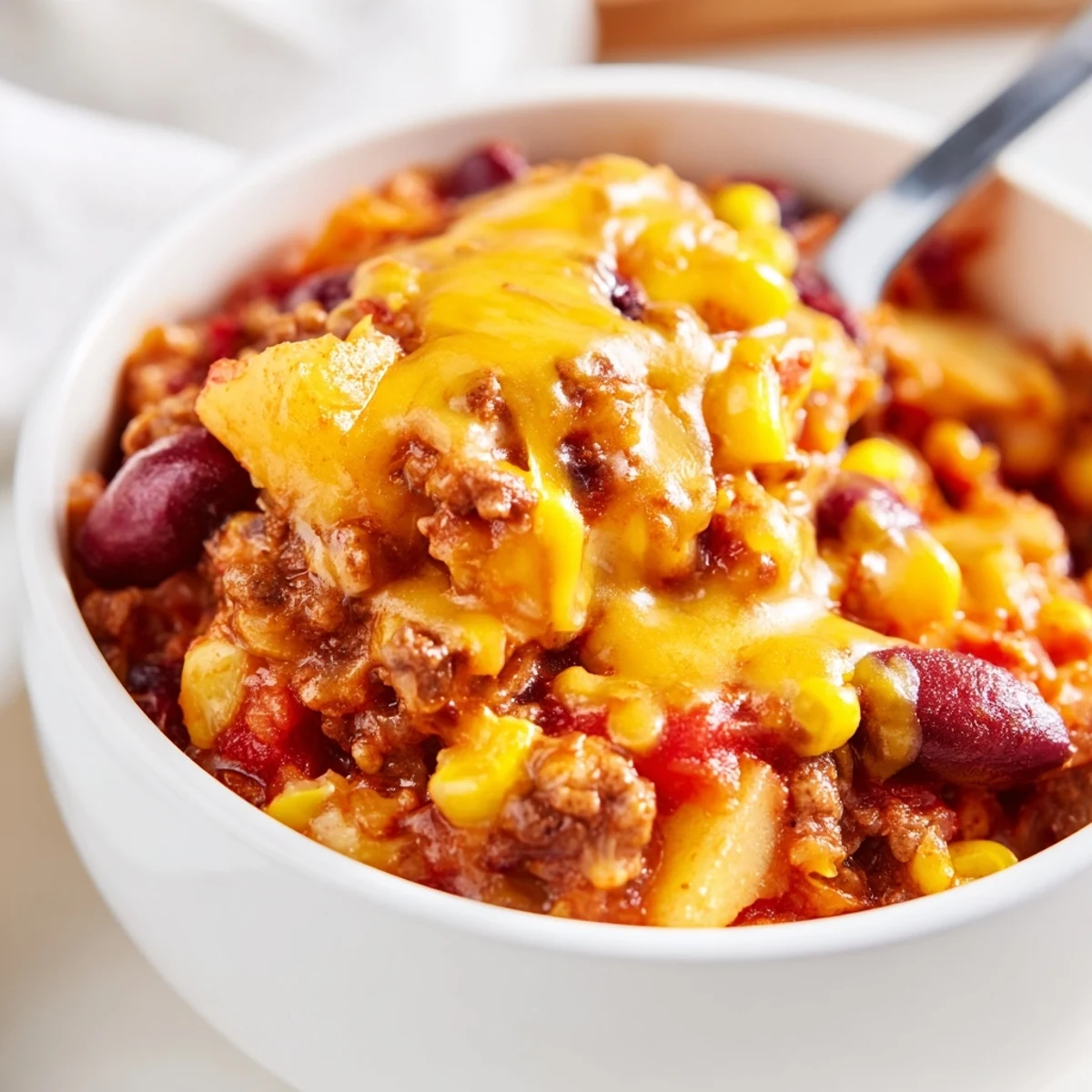 Slow cooker cowboy casserole topped with melted cheddar over tender potatoes and ground beef