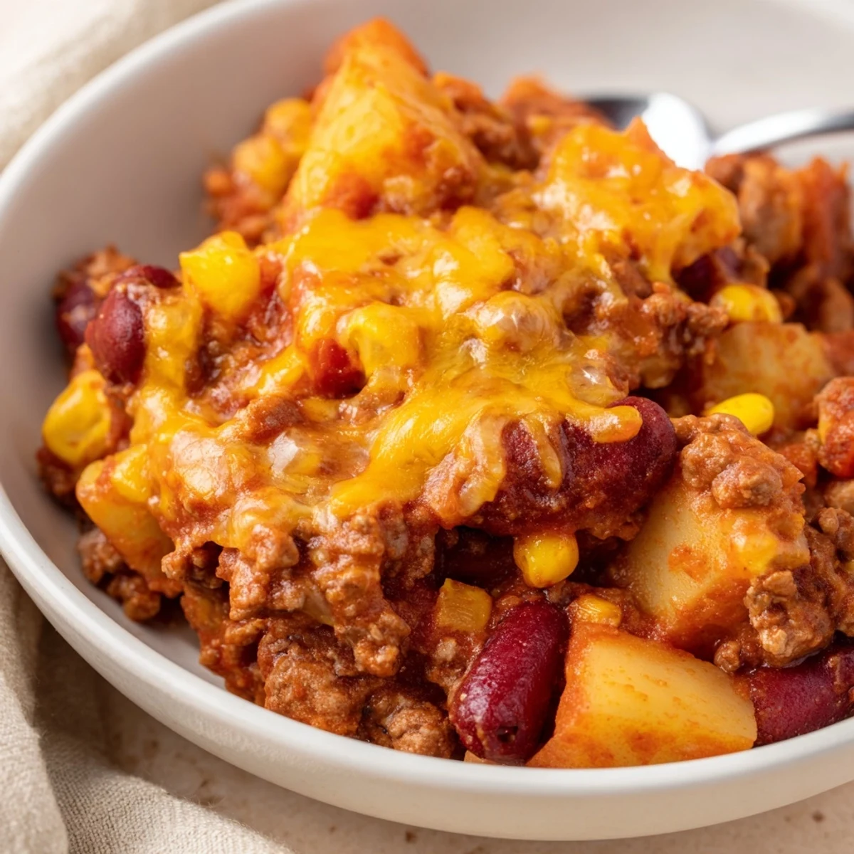 Family-friendly cowboy casserole featuring cheesy golden crust over savory beef and vegetable layers
