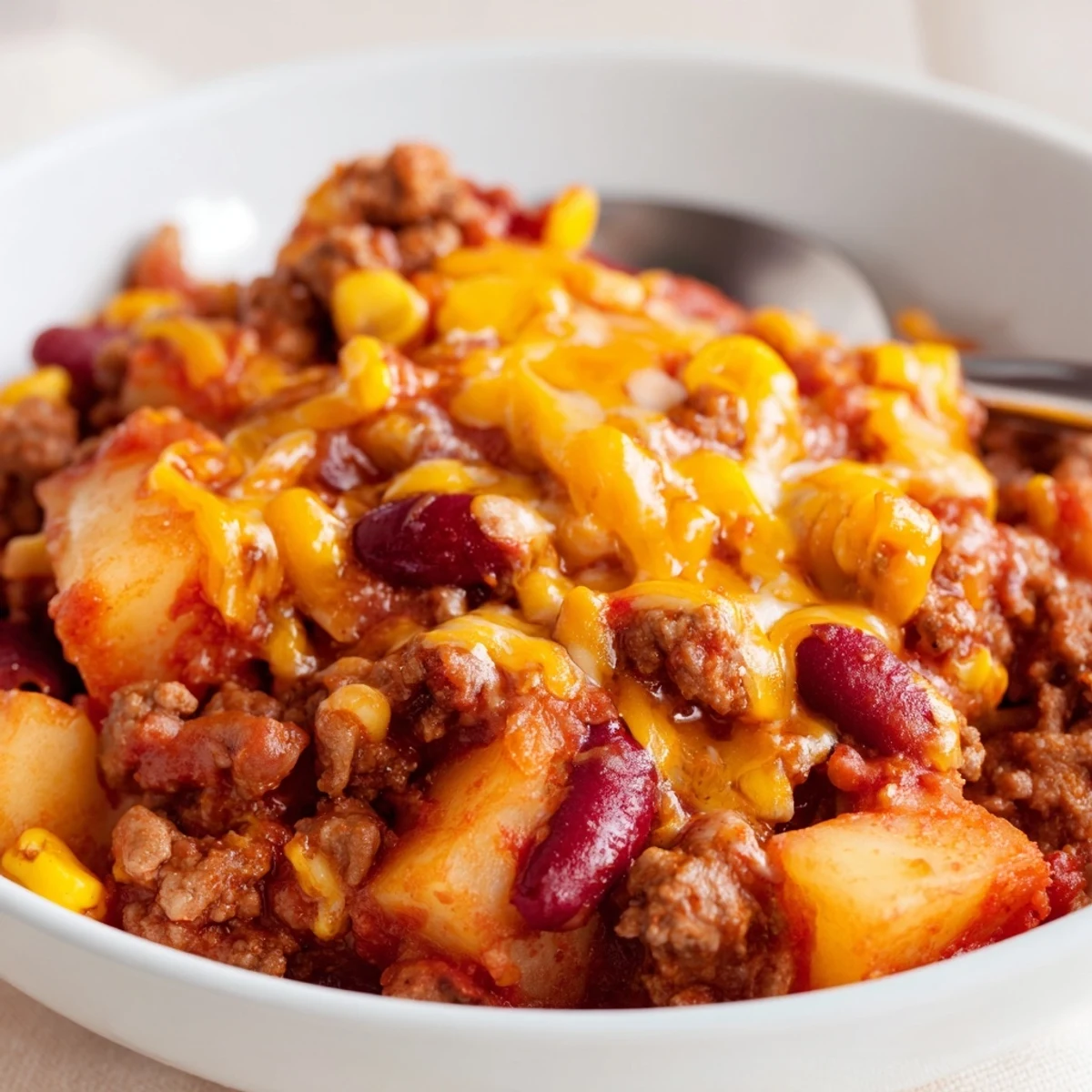 Hearty cowboy casserole slow cooked with beans, corn, and creamy tomato sauce in a crockpot