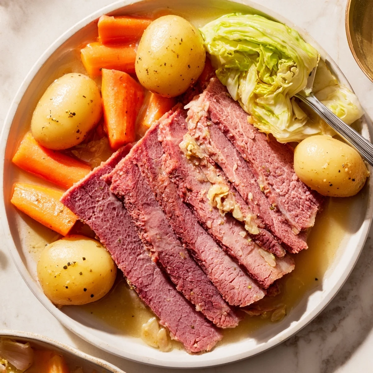 Tender slow cooker corned beef cabbage with sliced brisket, potatoes, carrots, and green cabbage wedges on a serving platter