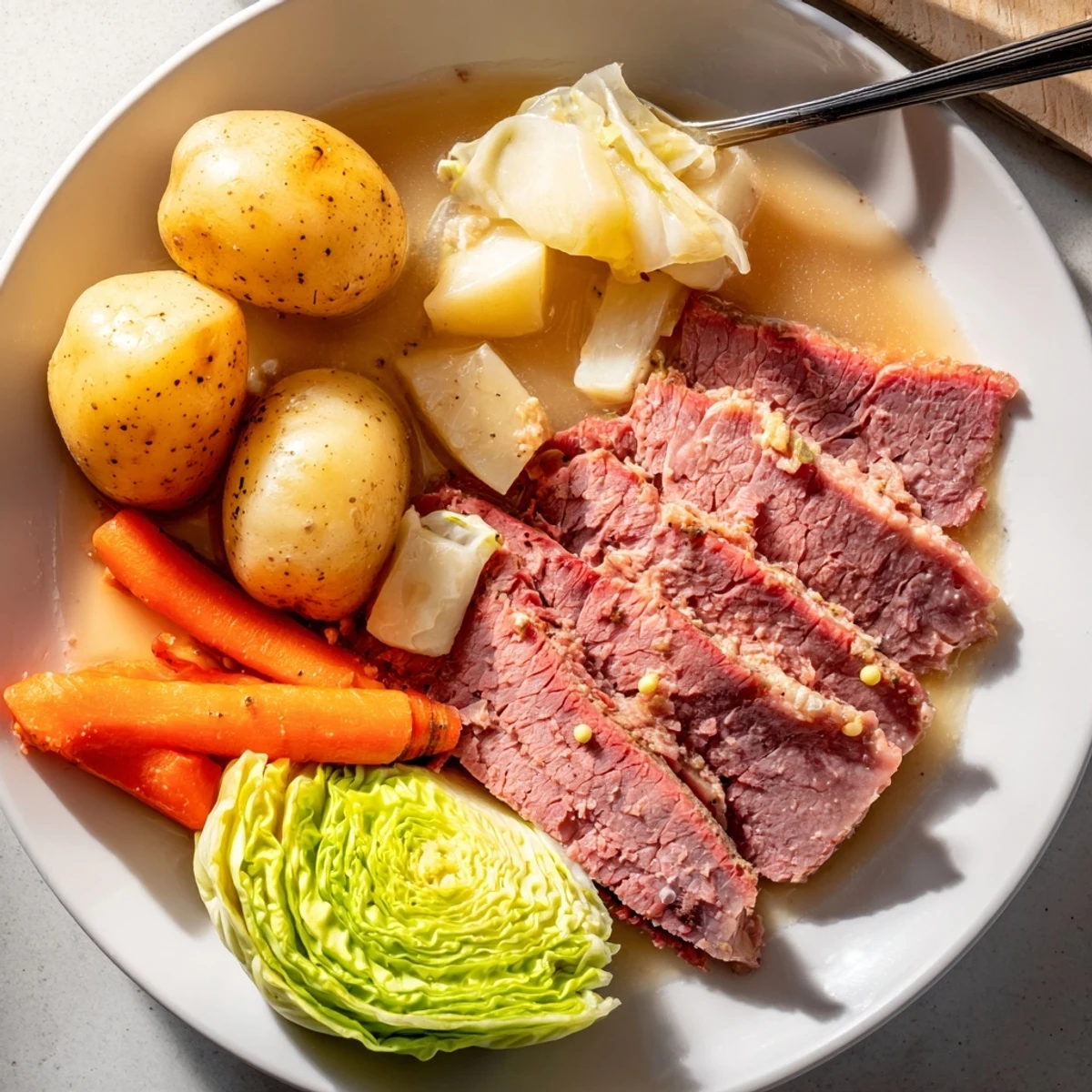 Comforting Irish-American corned beef cabbage recipe featuring juicy sliced beef with tender cabbage, carrots, and potatoes