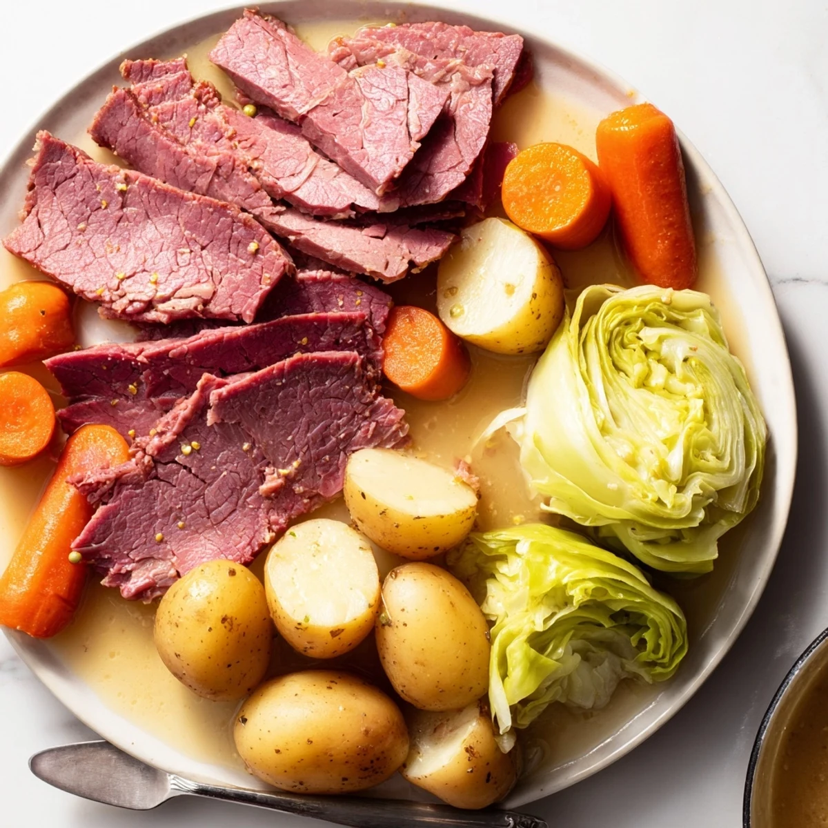Hearty corned beef cabbage dinner showcasing slow-cooked beef surrounded by colorful roasted vegetables in a rustic ceramic bowl