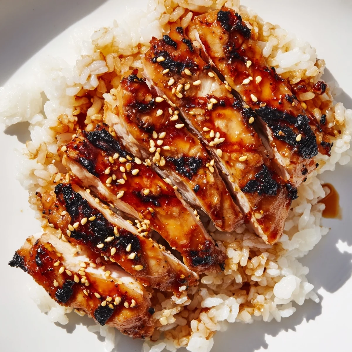 Golden grilled Korean BBQ chicken thighs sliced over fluffy white rice with colorful shredded vegetables and sesame seed garnish