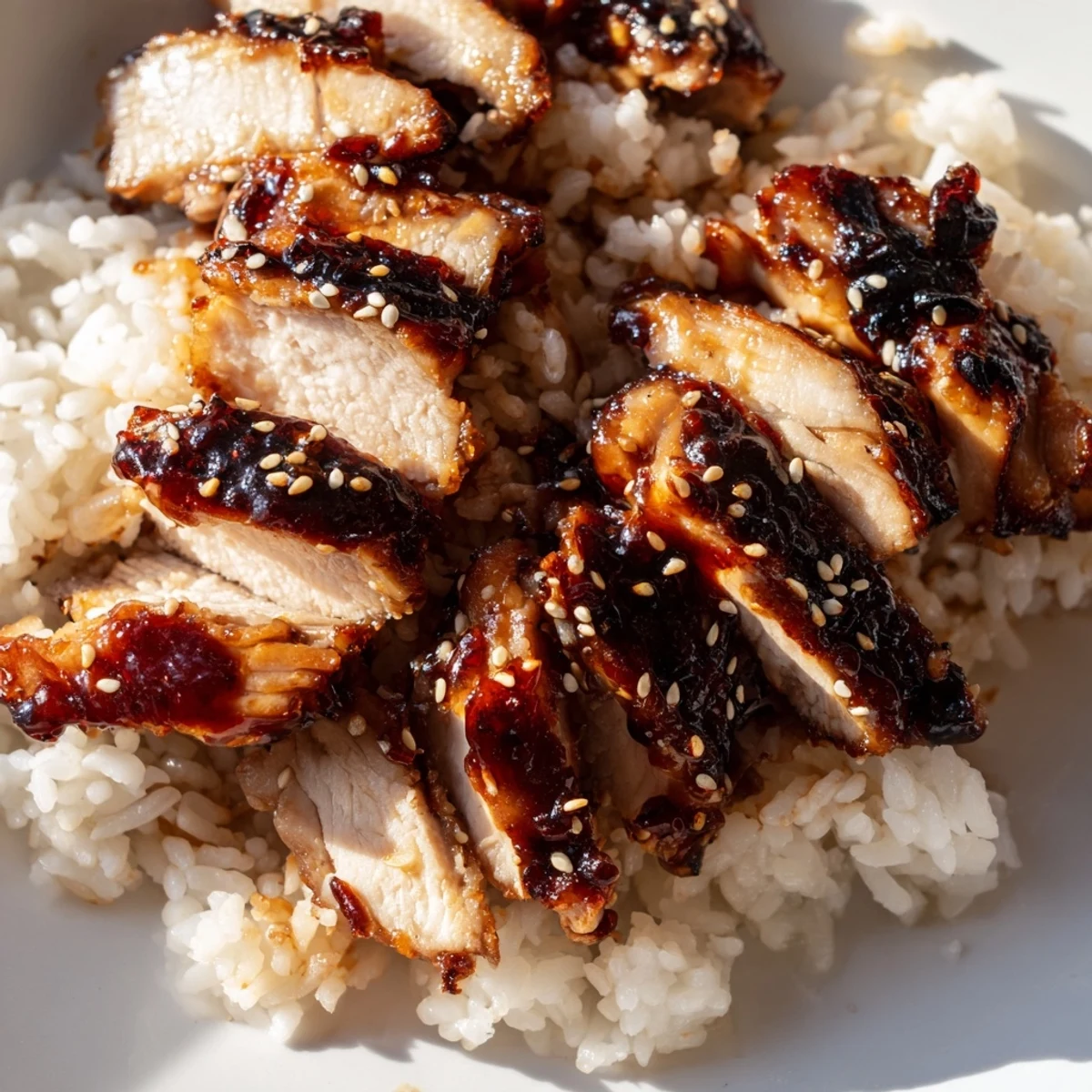 Savory Korean BBQ chicken bowl featuring marinated meat atop jasmine rice with crisp cucumber carrots and purple cabbage