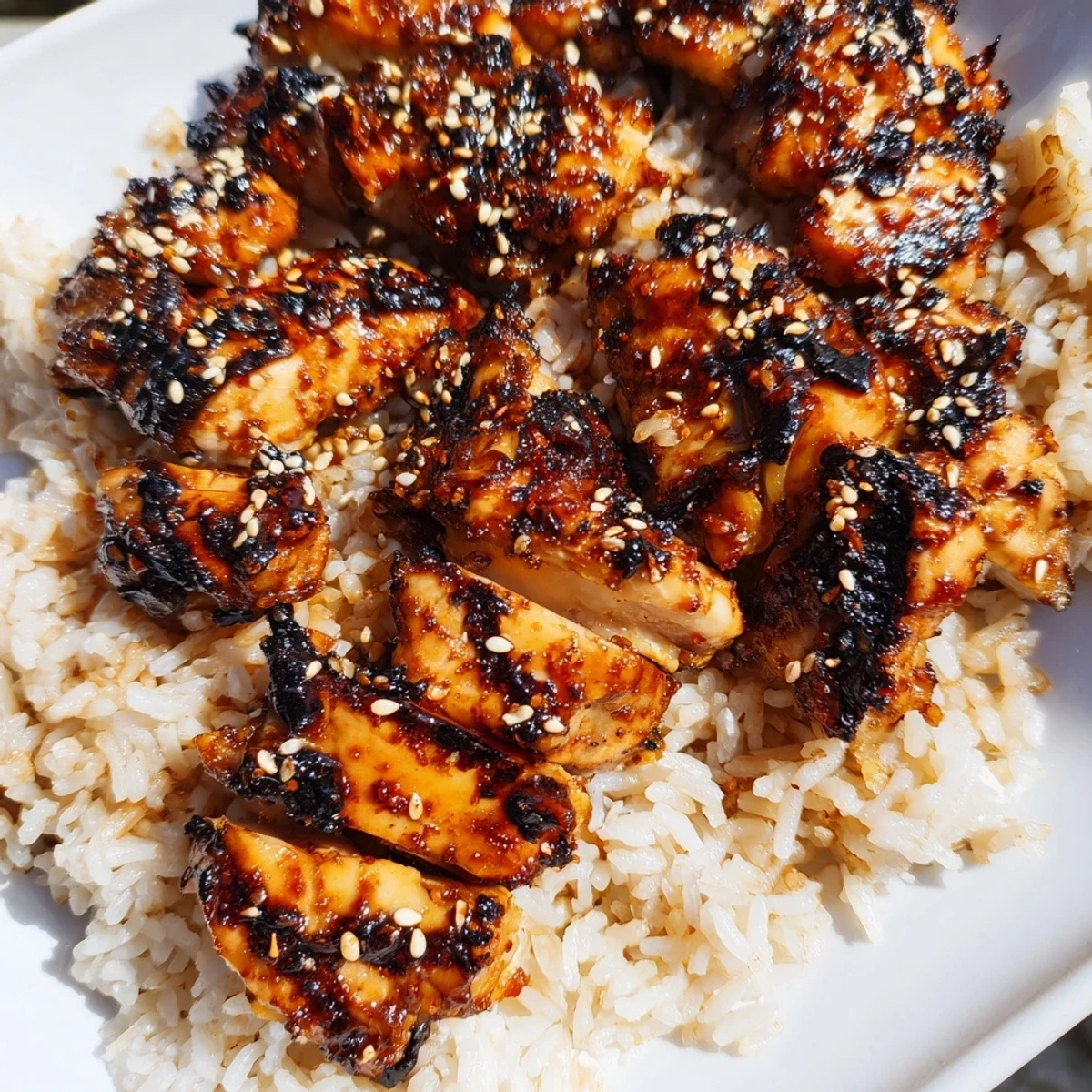 Juicy charred chicken in sweet Korean BBQ sauce served in a nourishing rice bowl with fresh vegetable toppings