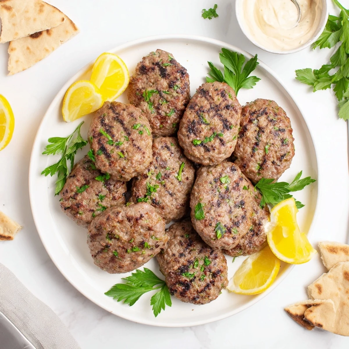 Juicy Lebanese kafta kebabs grilled to perfection with charred edges and fresh parsley garnish