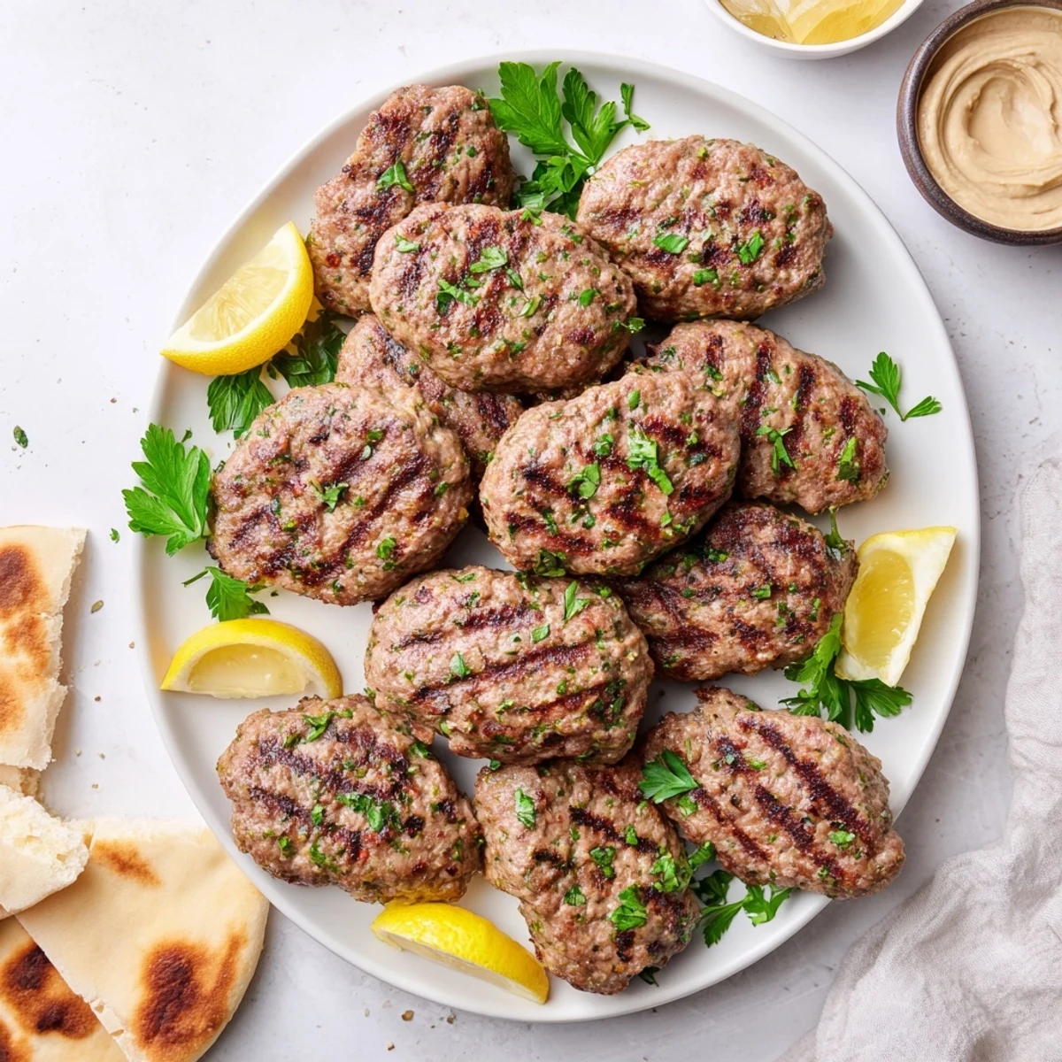 Easy Lebanese kafta recipe featuring spiced ground meat patties served with lemon wedges and pita