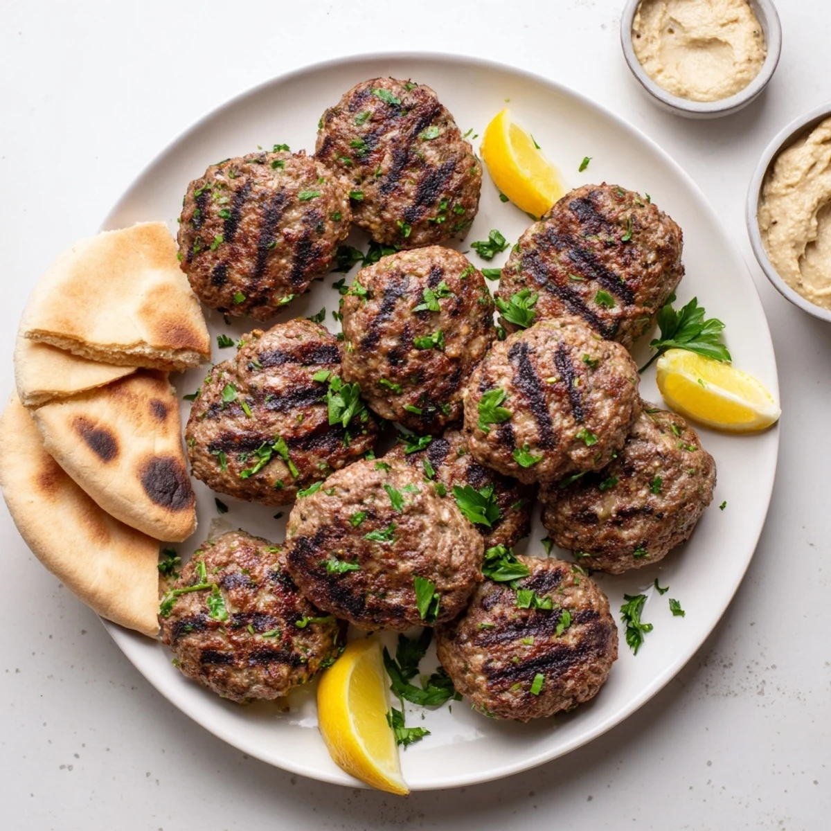 Golden brown Lebanese kafta skewers on a white plate with tahini sauce and chopped herbs