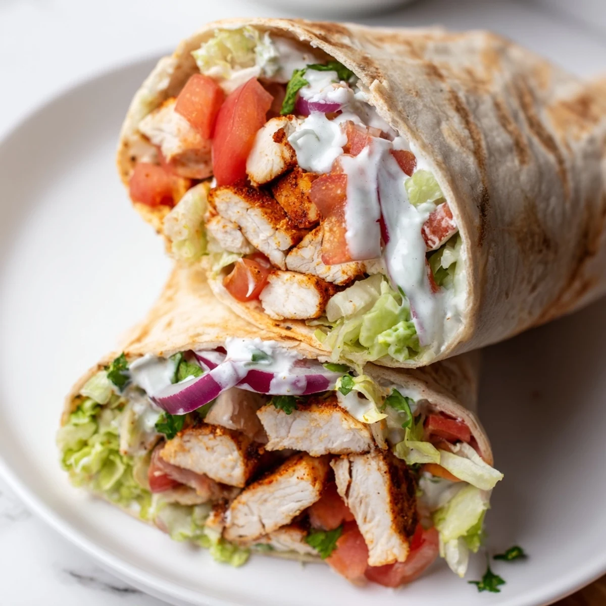 Golden high protein cottage cheese flatbread chicken wrap filled with grilled spiced meat