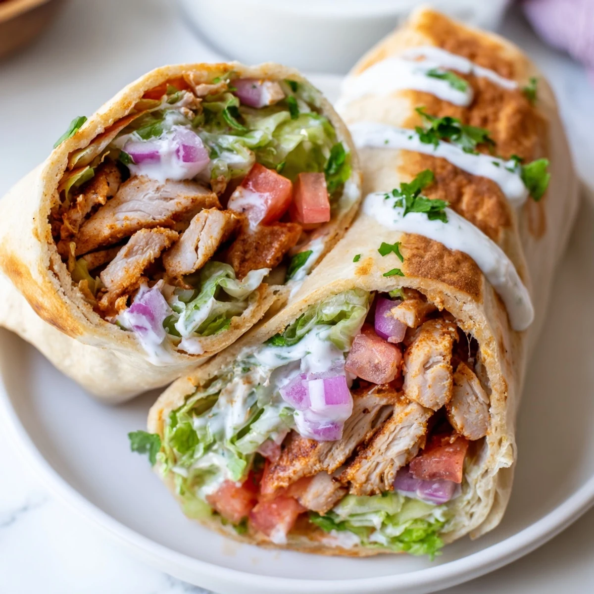 Crispy cottage cheese flatbread wrapped around juicy spiced chicken strips with fresh vegetables