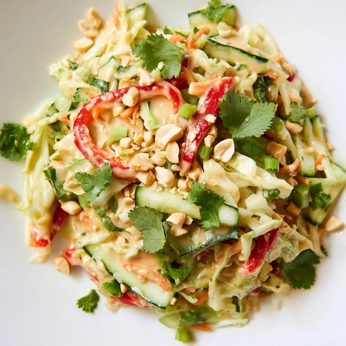 Colorful Thai salad with crisp vegetables drizzled with creamy peanut sauce and topped with crushed peanuts