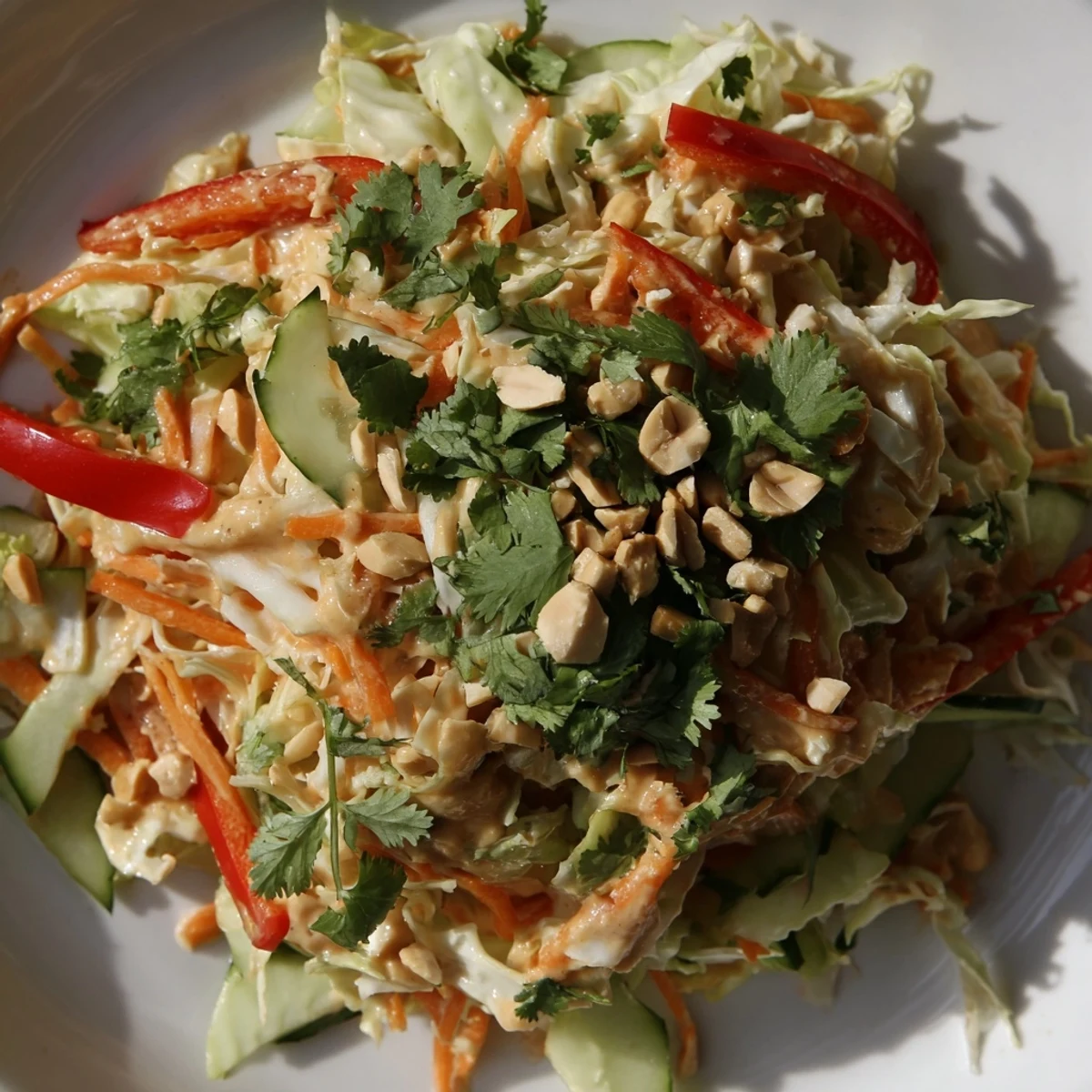 Vibrant bowl of simple Thai salad featuring crunchy veggies coated in smooth savory peanut dressing