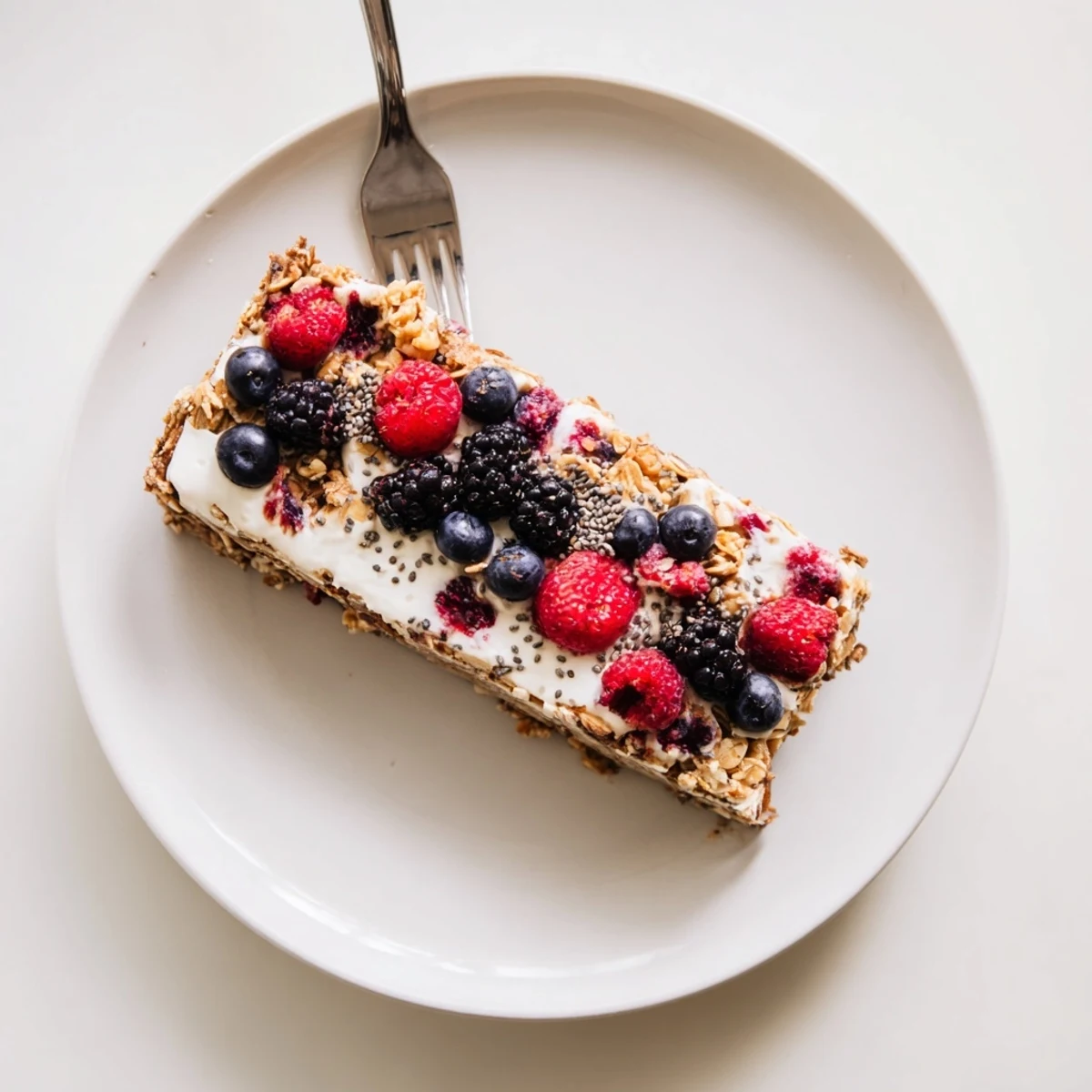 Golden no bake frozen yogurt berry granola bars layered with creamy vanilla yogurt and colorful fresh blueberries raspberries and strawberries
