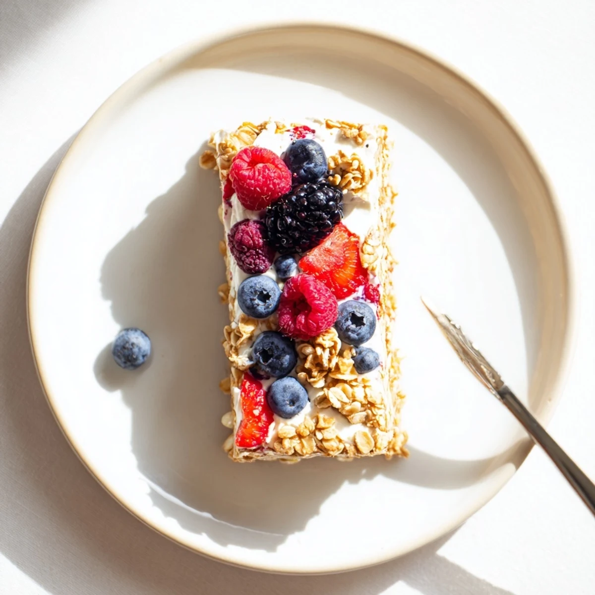 Healthy no bake frozen yogurt berry granola bars cut into squares showcasing vibrant red and blue berry chunks against white creaminess
