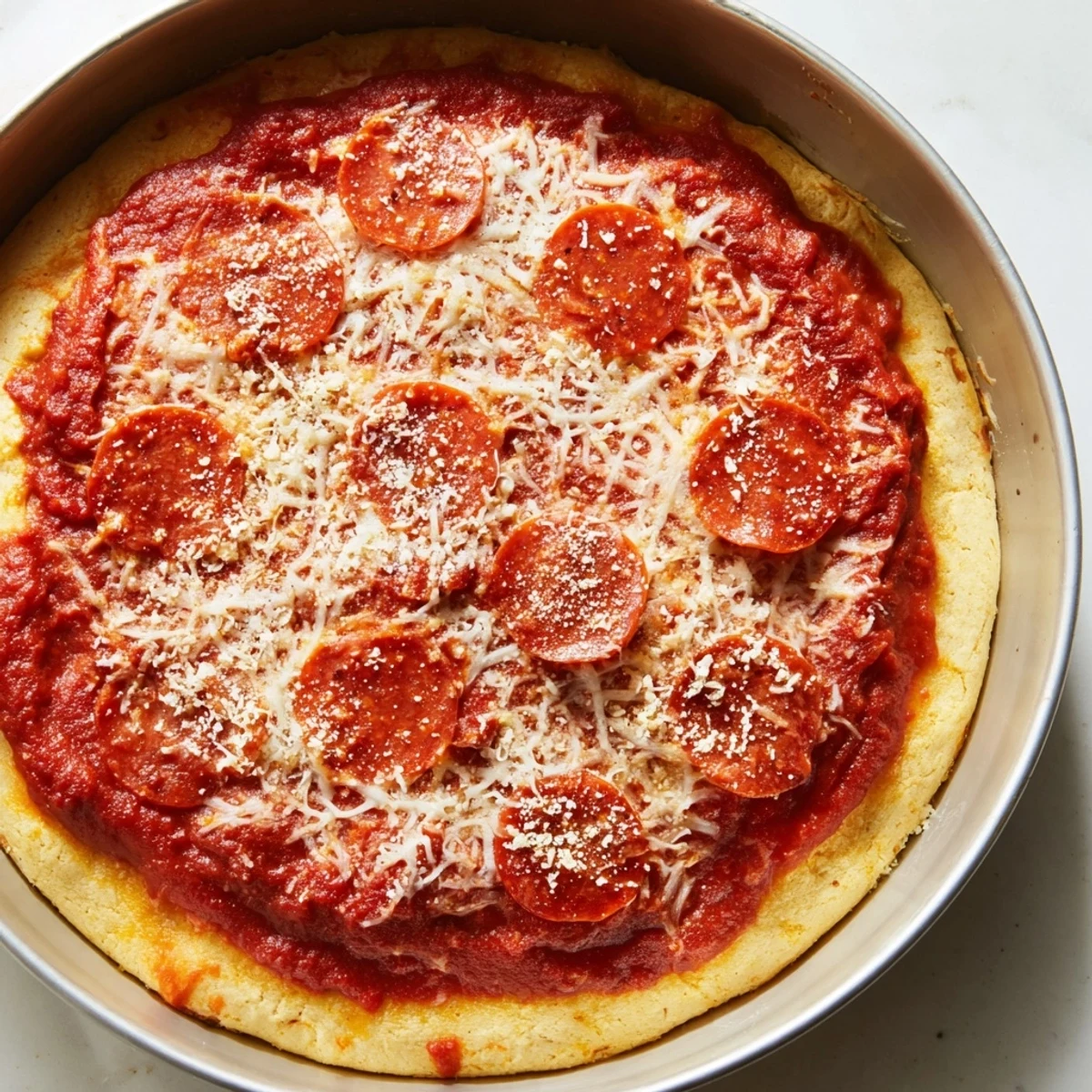 Sliced Pizza Hut inspired pizza with pepperoni on a buttery golden pan-baked crust