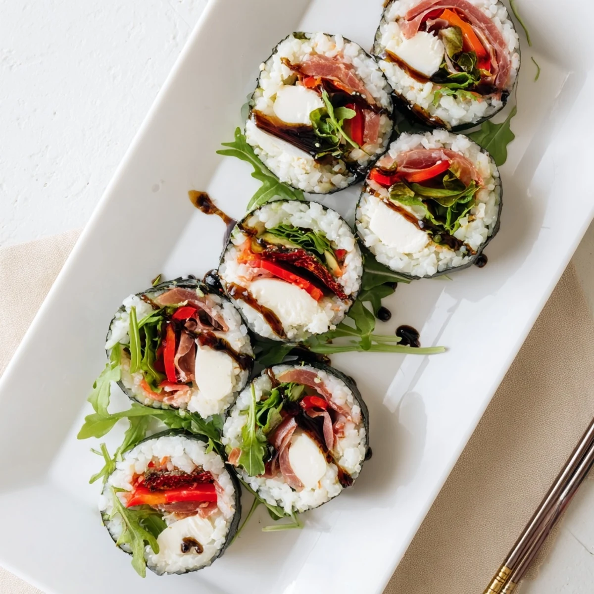 Colorful Italian sushi rolls showcasing prosciutto, fresh mozzarella, and roasted red peppers neatly wrapped in nori