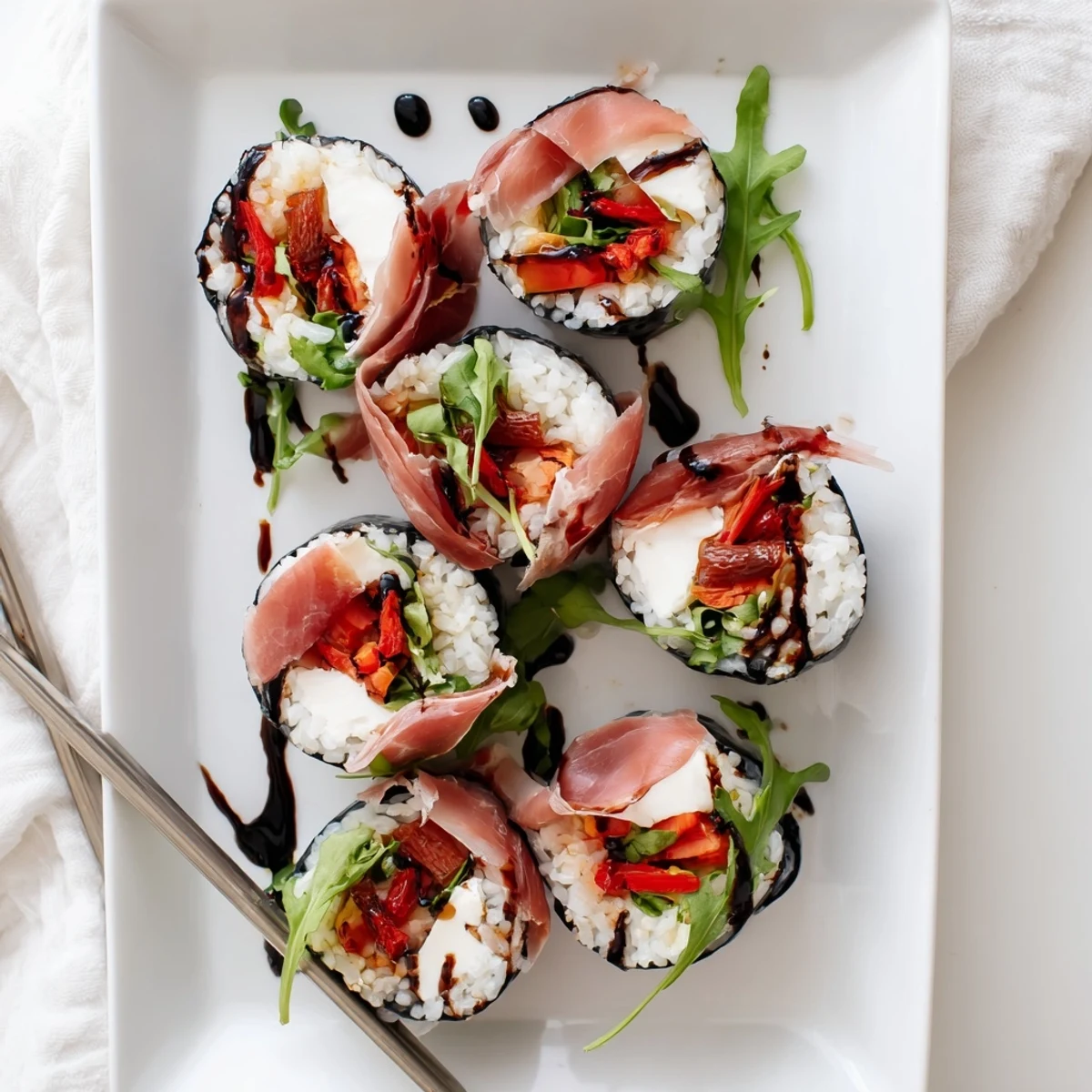 Fusion Italian sushi features sun-dried tomatoes, basil, and creamy mozzarella artfully arranged on dark seaweed wrappers