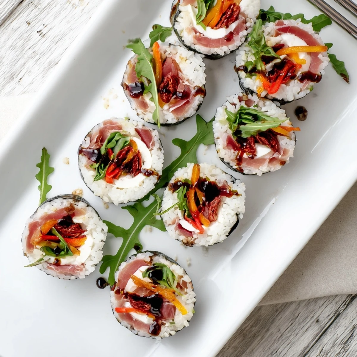 Appetizing Italian sushi appetizer plated with arugula, balsamic glaze drizzle, and vibrant Italian fillings inside bite-sized rolls