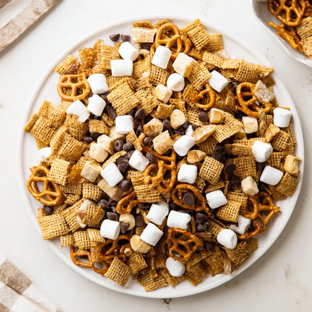 Colorful bowl filled with crunchy s'mores snack mix featuring graham cereal, marshmallows, and chocolate chips